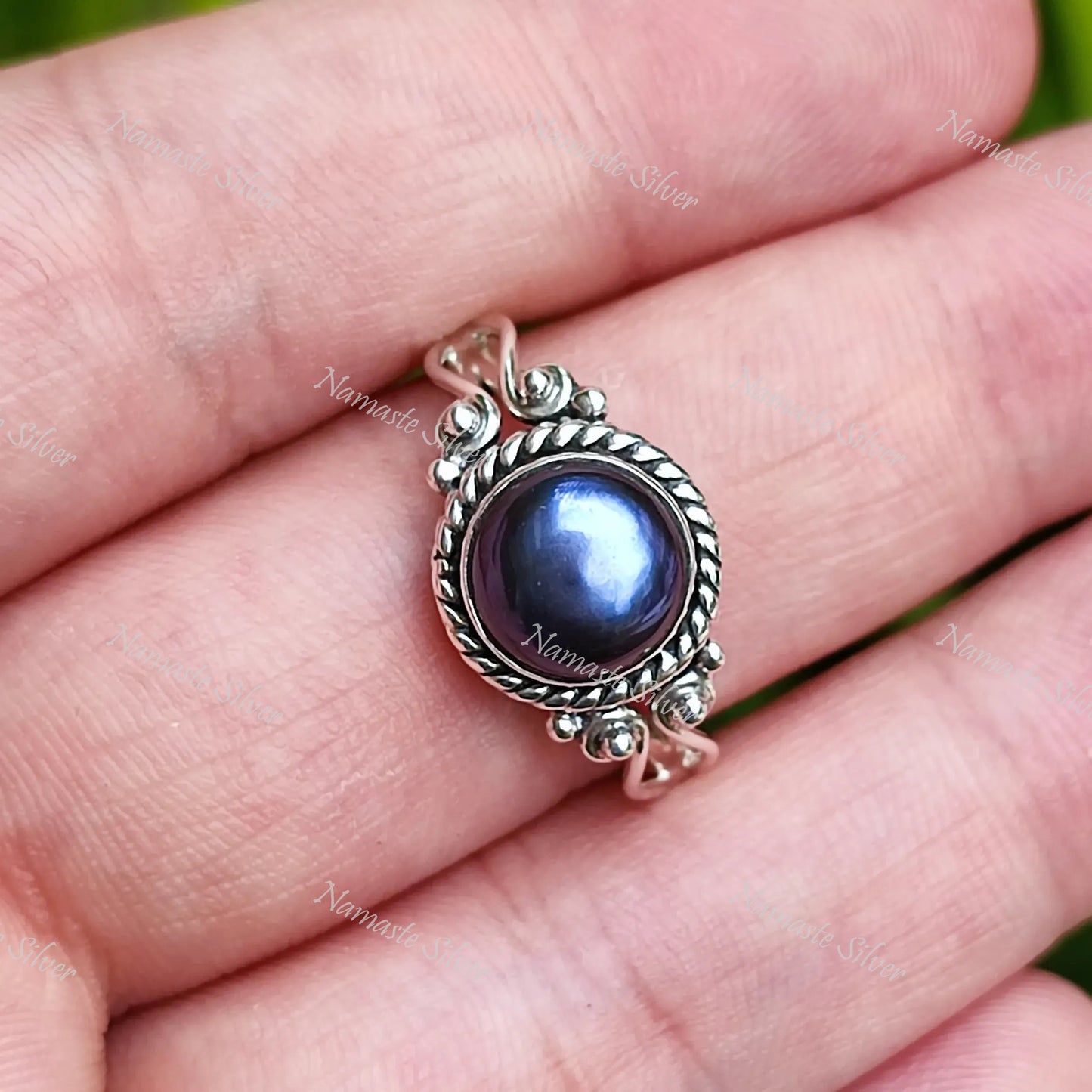 Black Pearl Ring, 925 Sterling Silver Ring Statement Promise Ring, Freshwater Peacock Black Pearl Round Handmade Boho Jewelry, Gift for Her