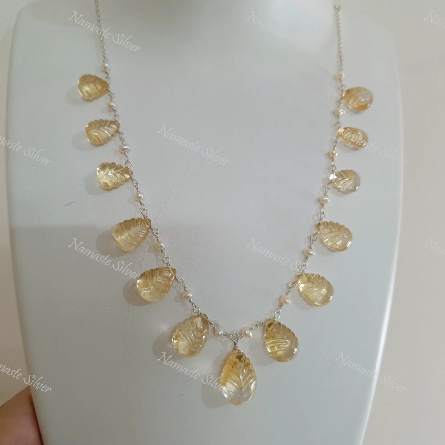Citrine and Pearl Necklace, 925 Sterling Silver Choker Necklace, Natural Yellow Gemstone Teardrop Carvings and Pearl Beads Handmade Jewelry