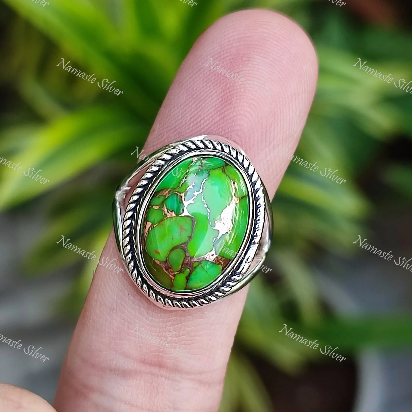 Green Turquoise Ring, 925 Sterling Silver Statement Promise Ring, Green Copper Turquoise Oval Gemstone Handmade Boho Jewelry, Gift for her