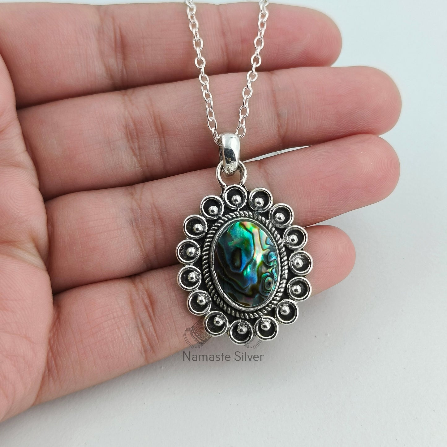 Abalone Shell Necklace, 925 Sterling Silver Pendant Locket Chain, Natural Blue Paua shell Oval Handmade Boho Jewelry, Elegant Gift for Her