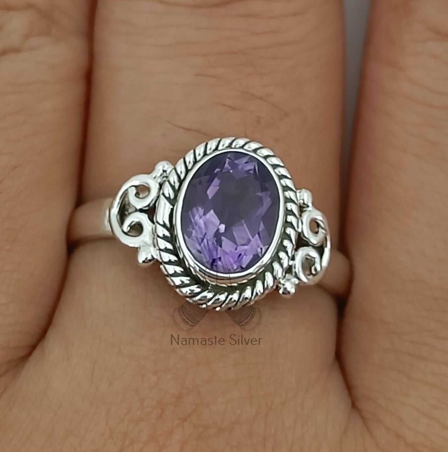 Amethyst Ring, 925 Sterling Silver Handmade Statement Promise Ring, Natural Purple Gemstone Oval Jewelry, February Birthstone, Gift for her