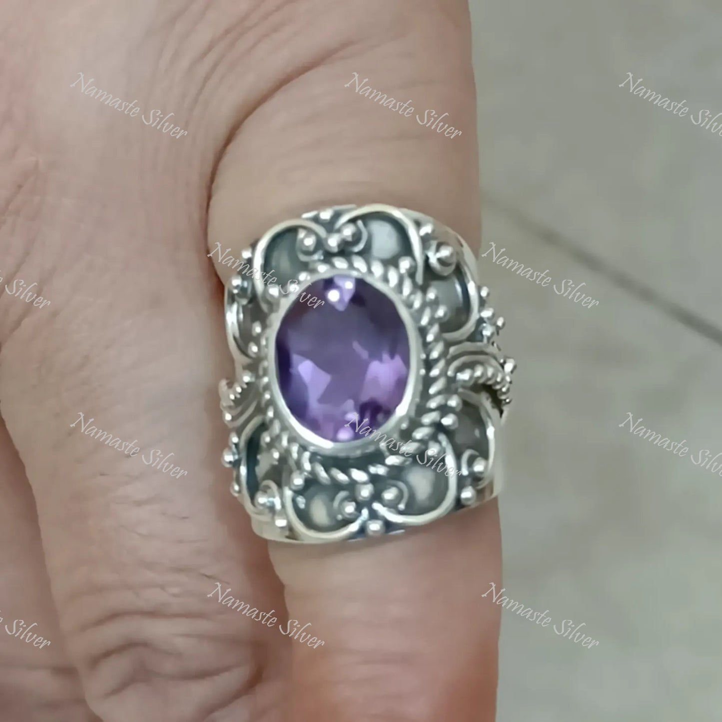 Amethyst Ring, 925 Sterling Silver Statement Promise Ring, Natural Purple Gemstone Oval Handmade Jewelry, February Birthstone, Gift for her