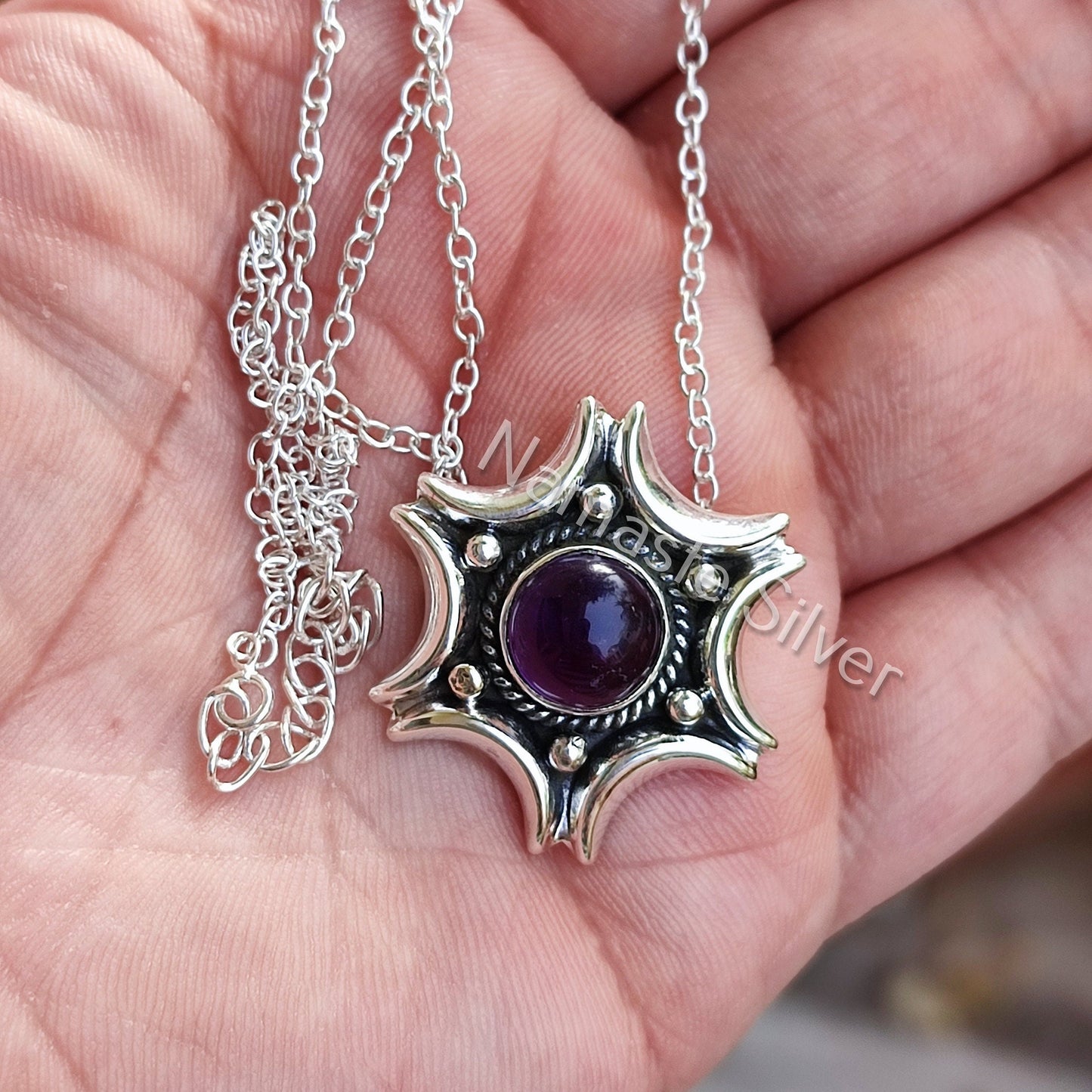 Amethyst Necklace, 925 Sterling Silver Pendant, Natural Purple Amethyst Round Gemstone Handmade Jewelry, February Birthstone, Gift for Her