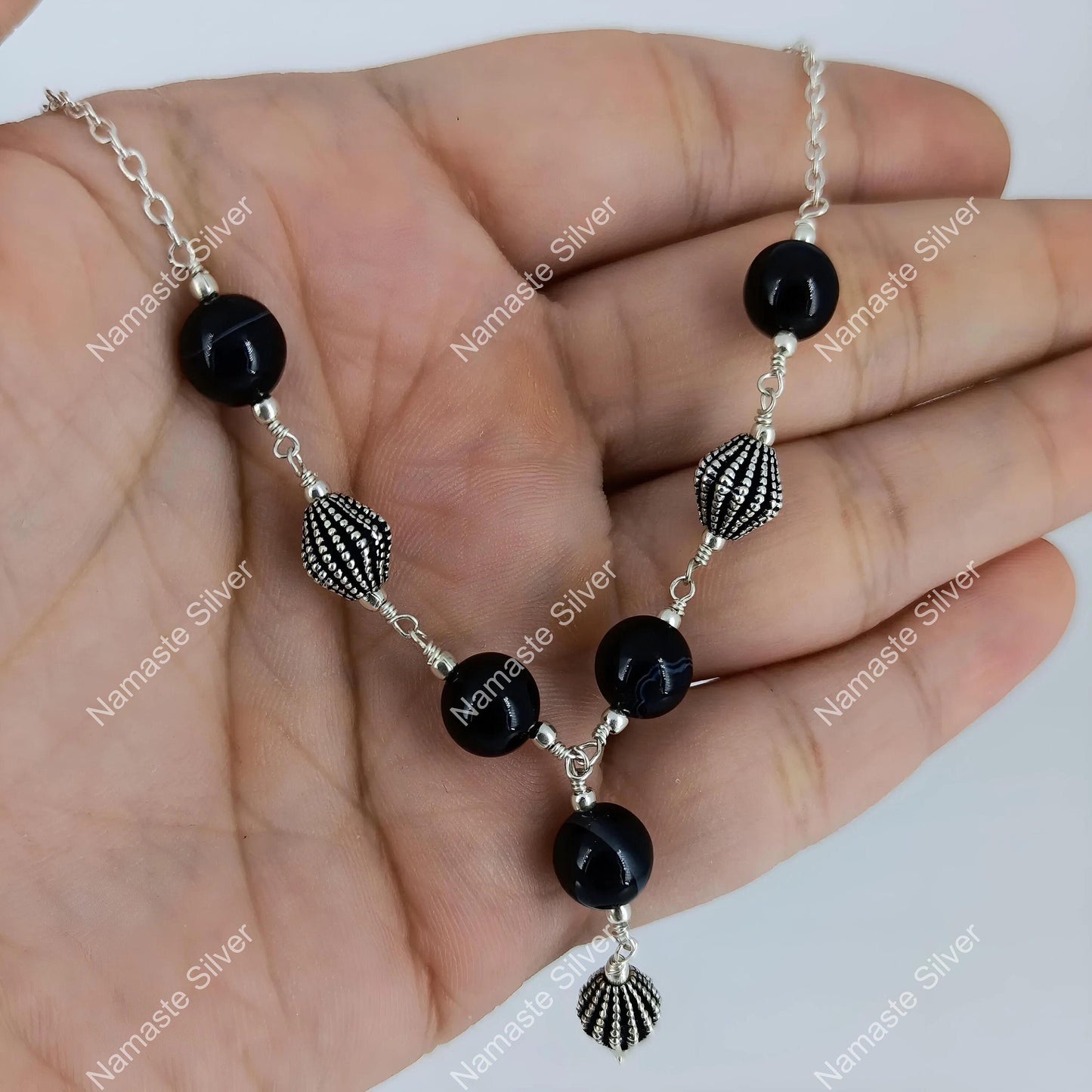 Black Onyx Necklace, 925 Sterling Silver Jewelry, Natural Black Onyx Gemstone Beads Handmade Boho Y Necklace, July Birthstone Gift for her