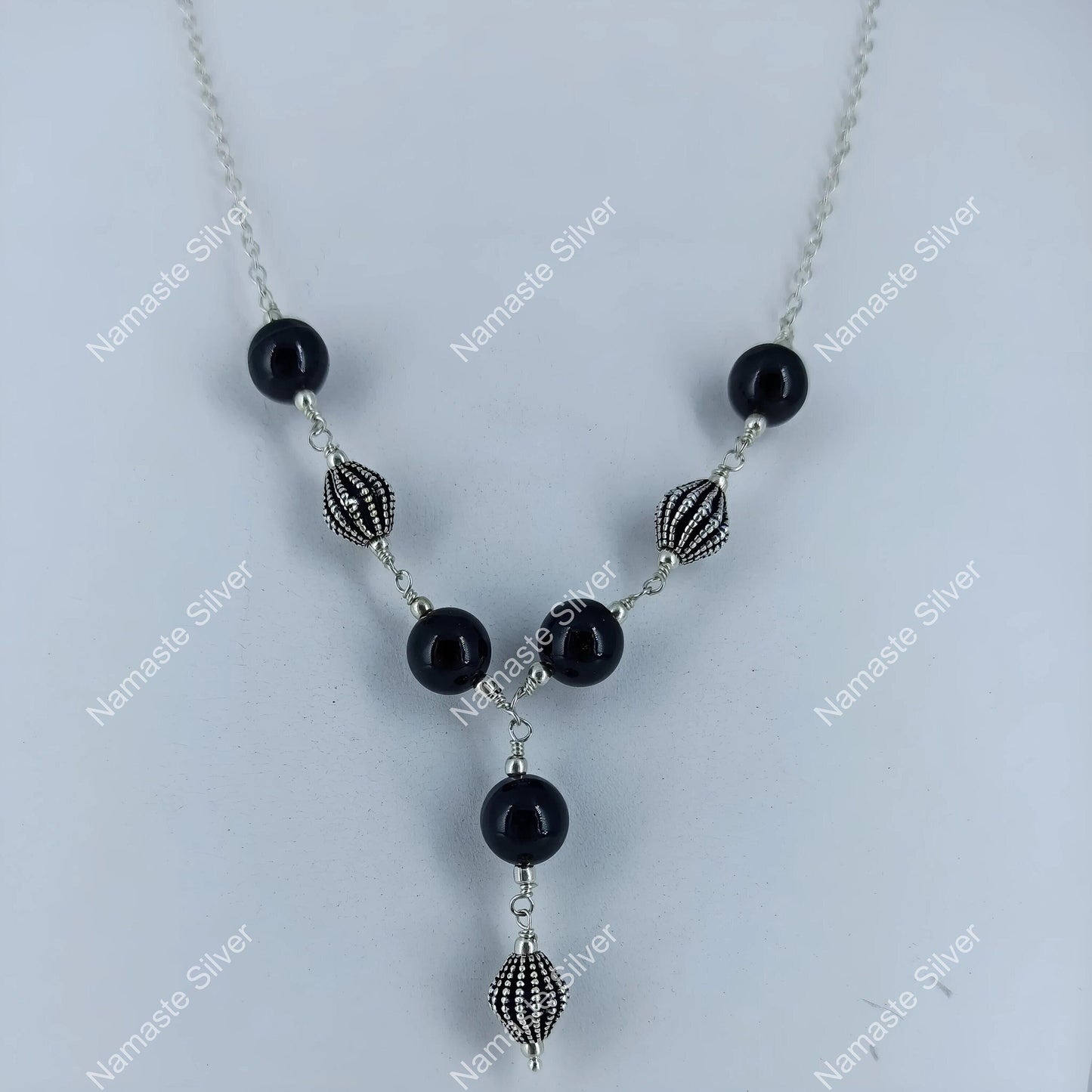 Black Onyx Necklace, 925 Sterling Silver Jewelry, Natural Black Onyx Gemstone Beads Handmade Boho Y Necklace, July Birthstone Gift for her