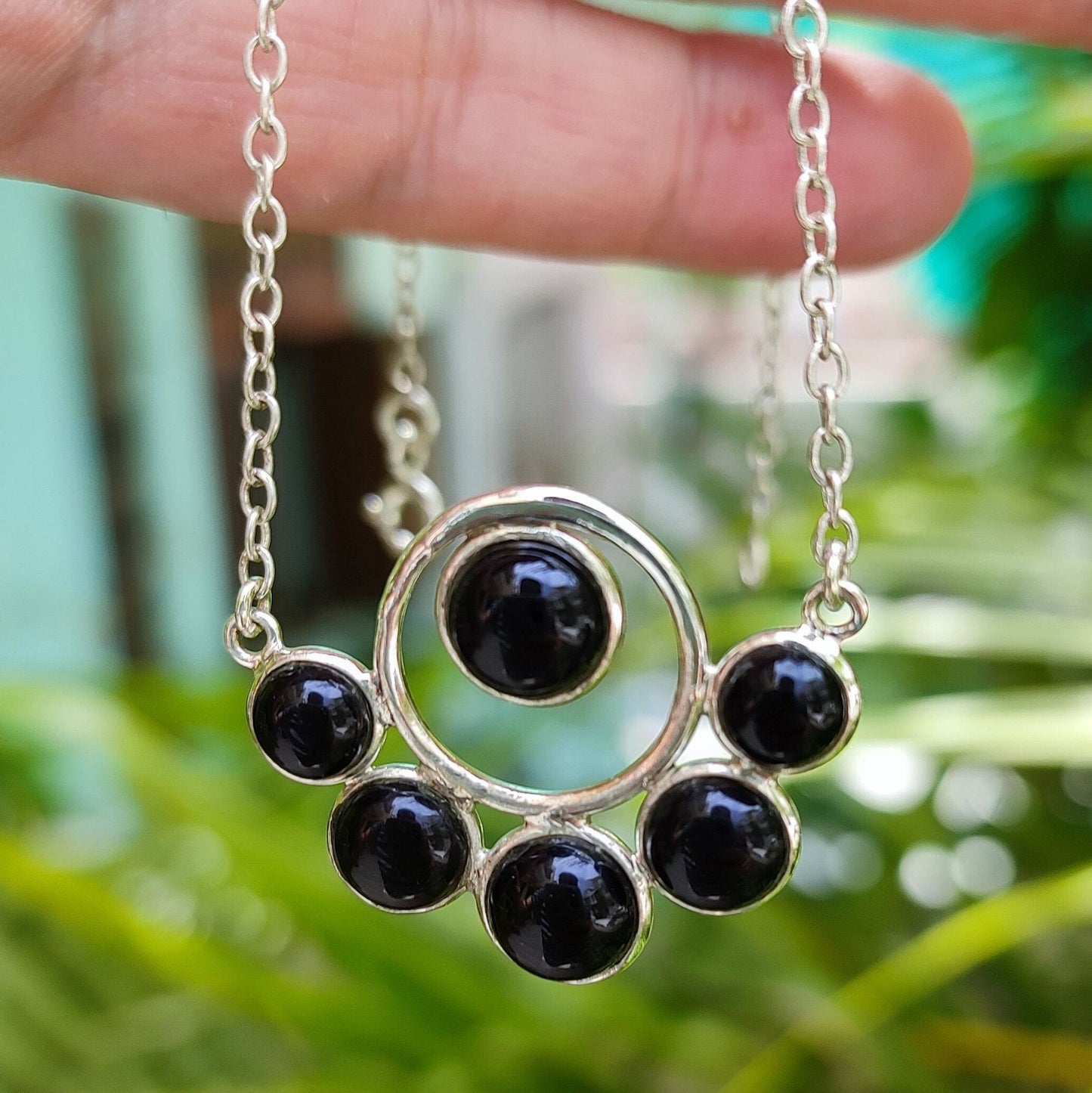 Black Onyx Necklace, 925 Sterling Silver Pendant Chain, Natural Black Gemstone Round Handmade Boho Jewelry, July Birthstone, Gift for Her
