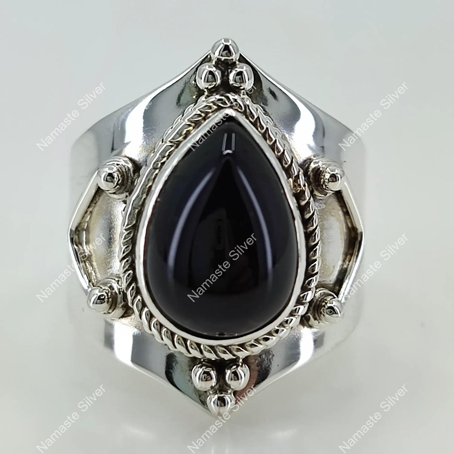 Black Onyx Ring, 925 Sterling Silver Handmade Statement Ring, Natural Black Gemstone Pear Shape Jewelry, July Birthstone, Gift for her