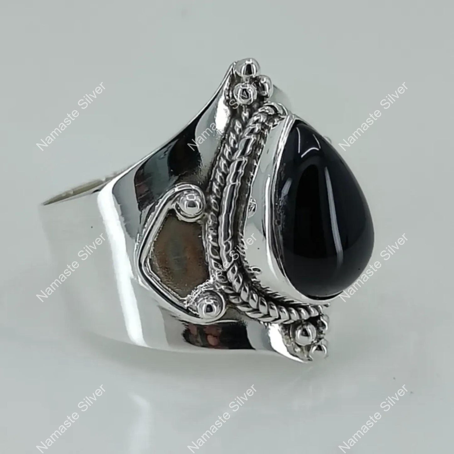 Black Onyx Ring, 925 Sterling Silver Handmade Statement Ring, Natural Black Gemstone Pear Shape Jewelry, July Birthstone, Gift for her