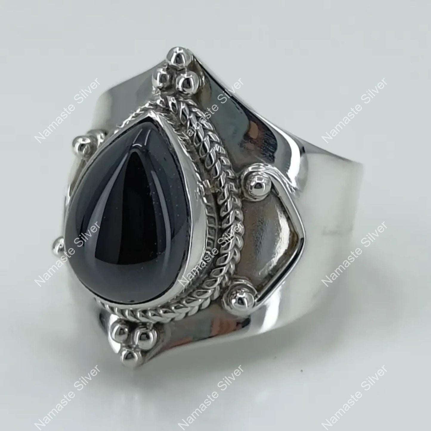 Black Onyx Ring, 925 Sterling Silver Handmade Statement Ring, Natural Black Gemstone Pear Shape Jewelry, July Birthstone, Gift for her