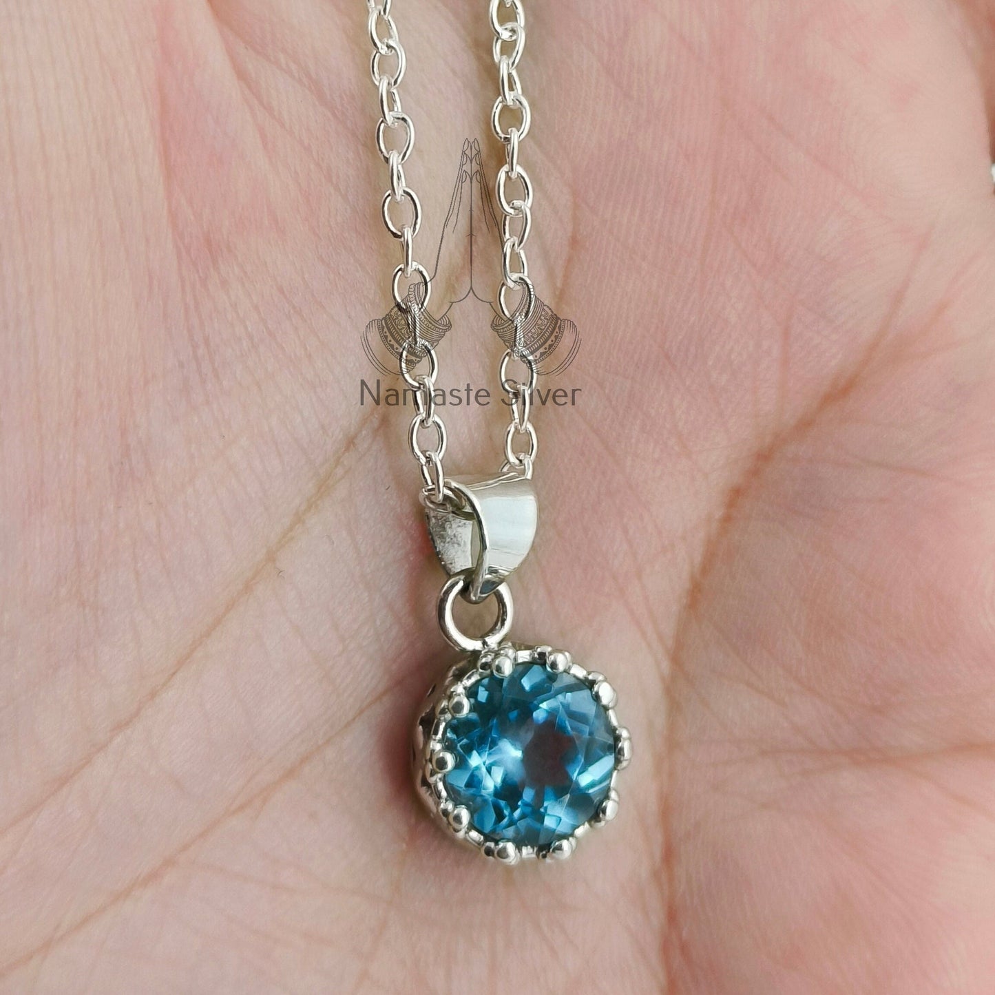 Blue Topaz Necklace, 925 Sterling Silver Pendant, Dainty Chain Locket, Natural Blue Topaz Round Gemstone Handmade Boho Jewelry, Gift for her