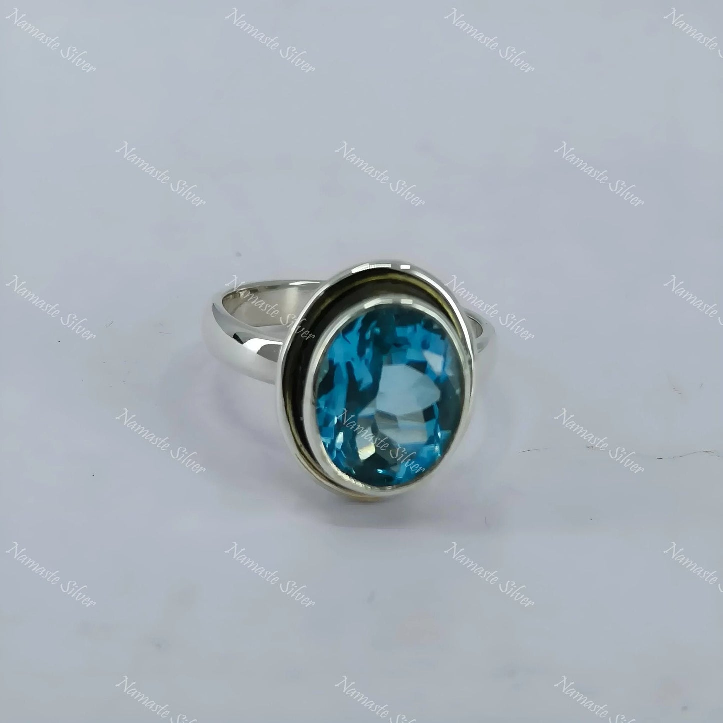 Blue Topaz Ring, 925 Sterling Silver Statement Promise Ring, Natural Topaz Oval Gemstone Handmade Boho Jewelry, December Birthstone Gift