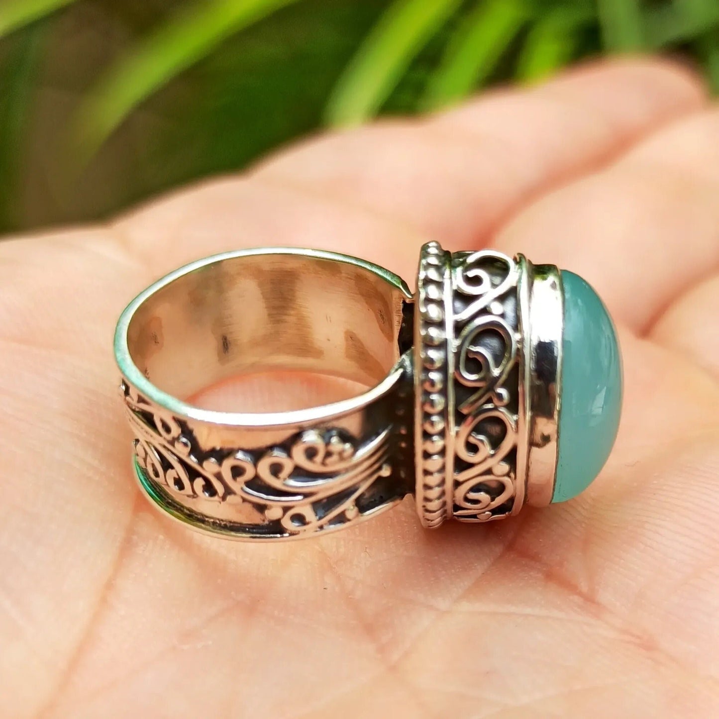 Chalcedony Ring, 925 Sterling Silver Handmade Cocktail Ring, Natural Aqua Blue Chalcedony Oval Gemstone Handmade Boho Jewelry, Gift For Her