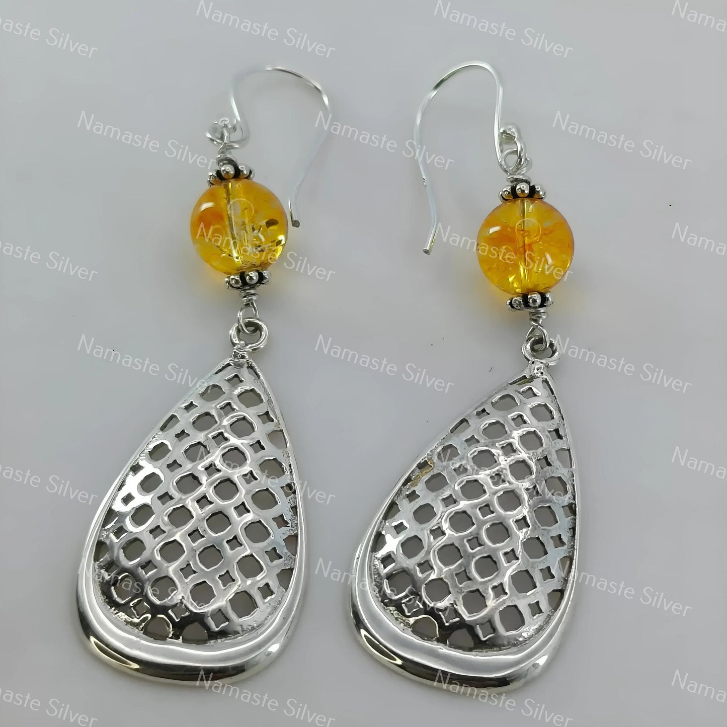 Citrine Dangle Earrings, 925 Sterling Silver Pear Shape Mesh Earrings, Natural Yellow Round Beads Gemstone Handmade Jewelry, Gift for Her