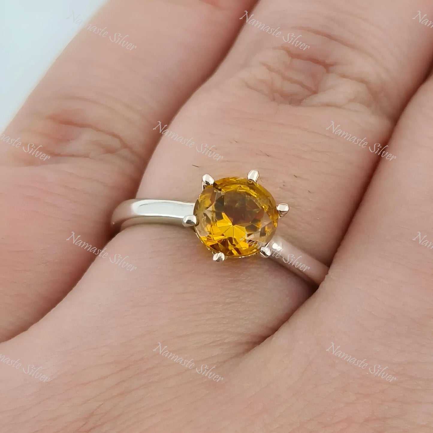 Citrine Solitaire Ring, 925 Sterling Silver Promise Ring, Natural Yellow Citrine Round Gemstone Handmade Jewelry, Minimalist Gift for Her