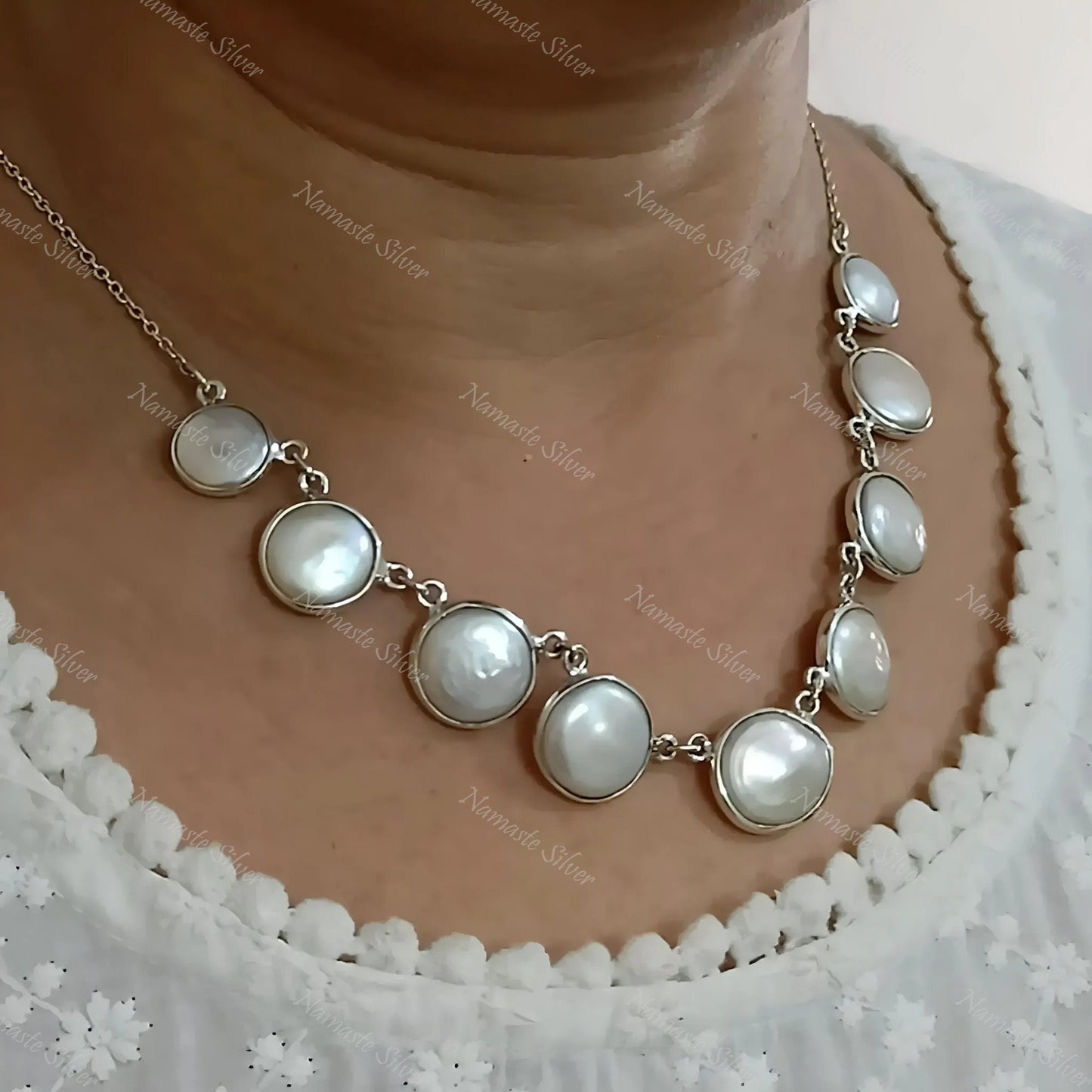 Coin Pearl Necklace, 925 Sterling Silver Choker Necklace, Freshwater Coin Pearl Handmade Boho Jewelry, June Birthstone, Unique Gift For Her