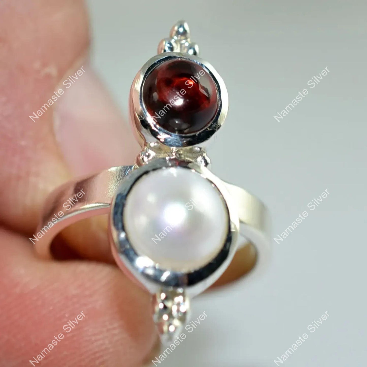 Garnet Pearl Ring, 925 Sterling Silver Statement Promise Ring, Freshwater Pearl and Natural Garnet Gemstone Handmade Jewelry, Gift For Her