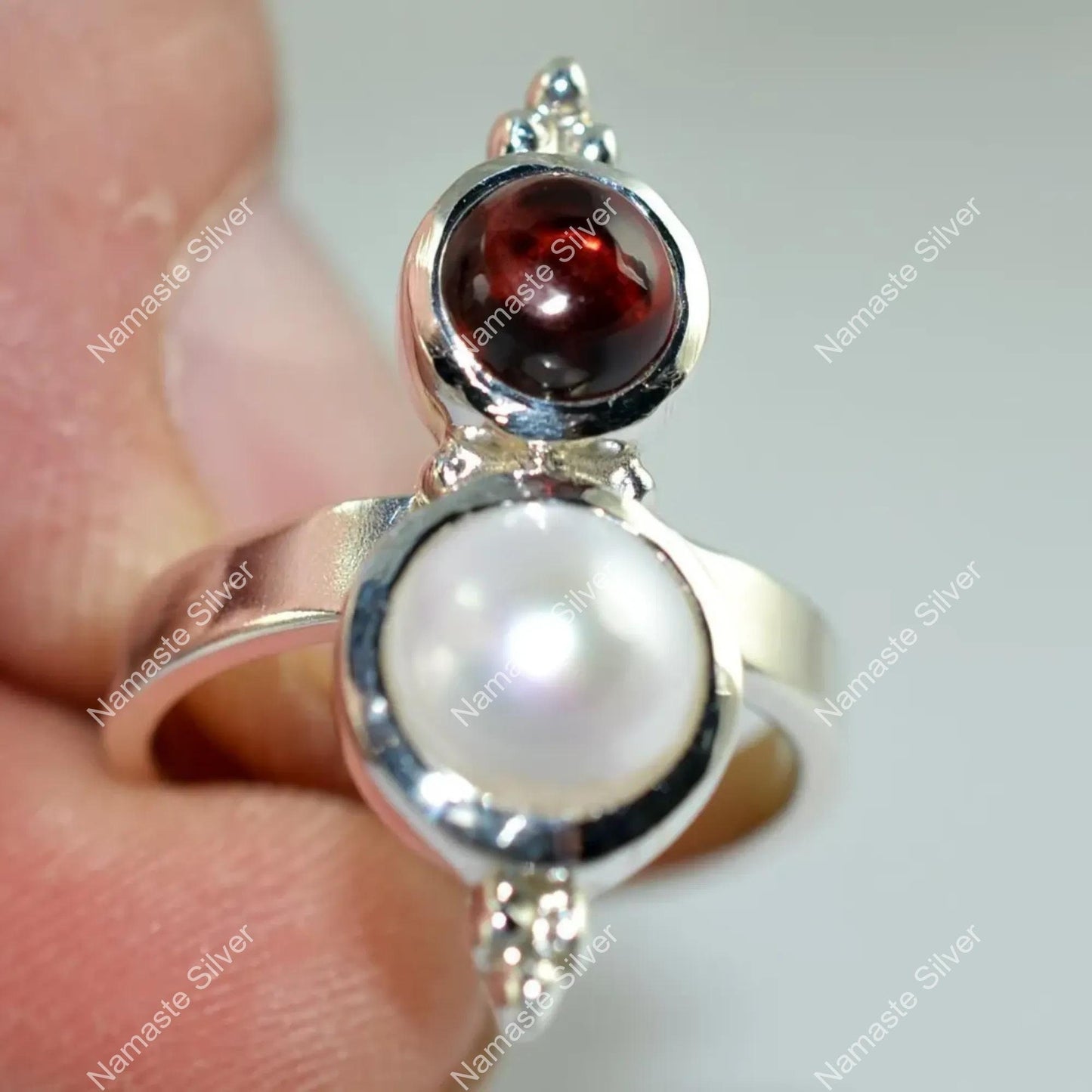 Garnet Pearl Ring, 925 Sterling Silver Statement Promise Ring, Freshwater Pearl and Natural Garnet Gemstone Handmade Jewelry, Gift For Her