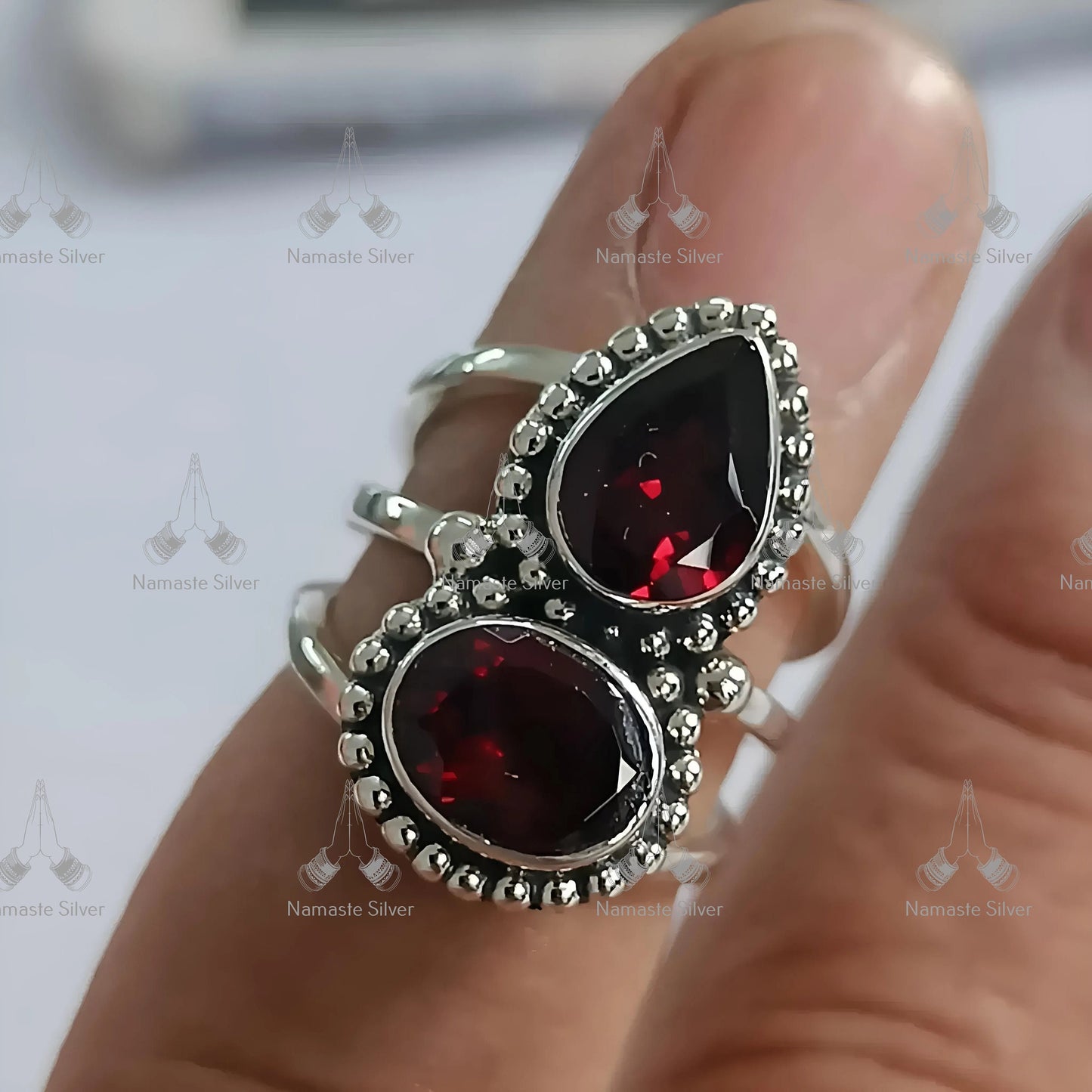 Garnet Ring, 925 Sterling Silver Handmade Statement Promise Ring, Natural Garnet Dual Gemstone Jewelry, January Birthstone, Gift for her