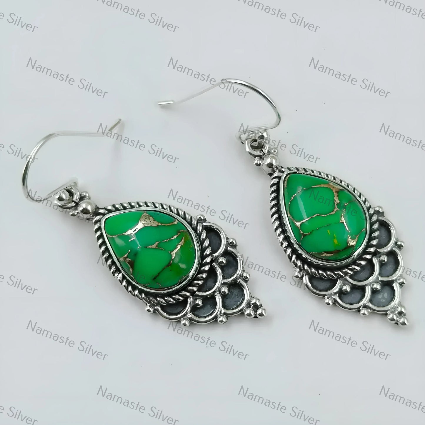 Green Copper Turquoise Dangle Earrings, 925 Sterling Silver Handmade Boho Jewelry, Pear-Shaped Gemstones, December Birthstone, Gift for Her