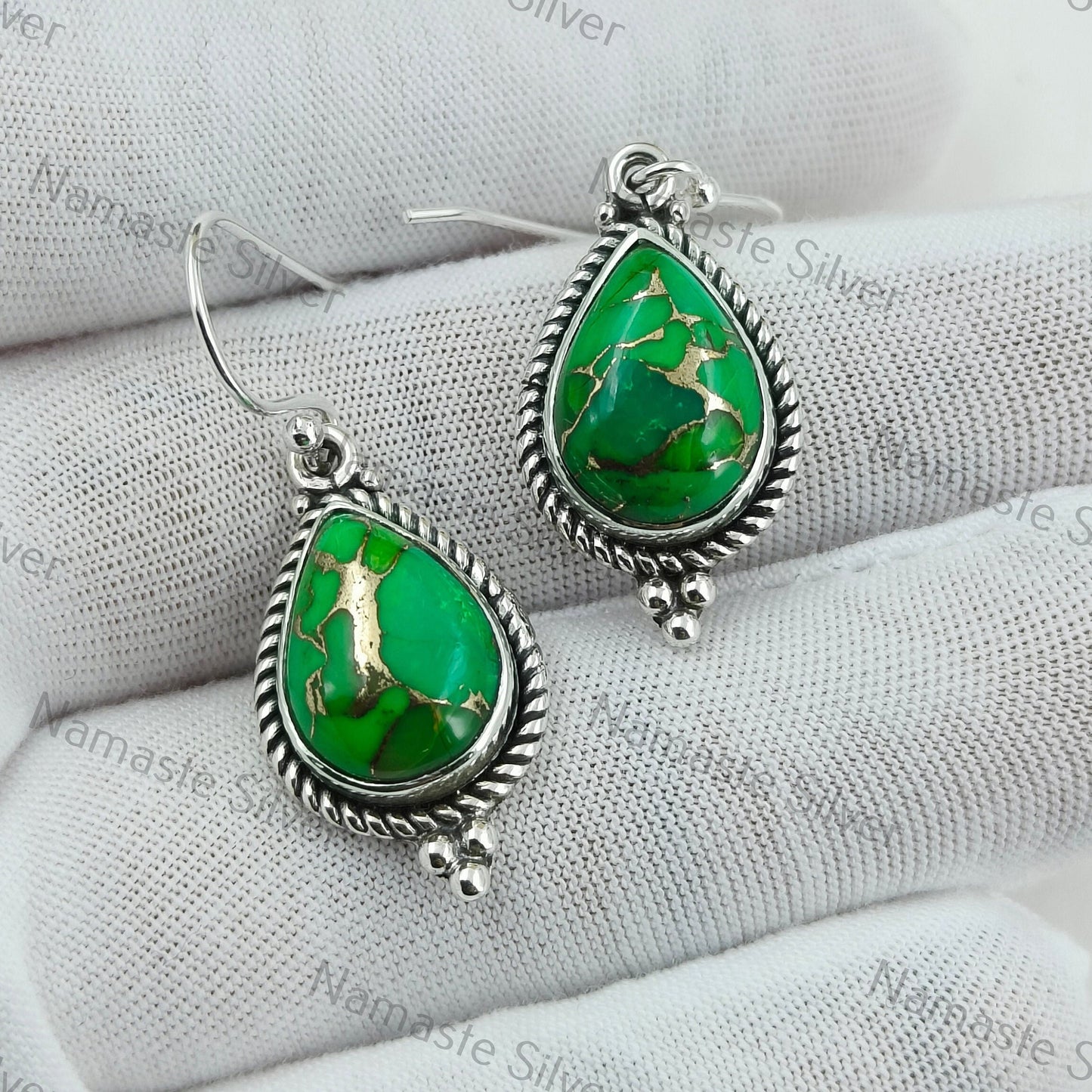 Green Turquoise Earrings, Sterling Silver Dangle Earrings, Green Copper Turquoise Handmade Boho Jewelry, December Birthstone, Gift for Her