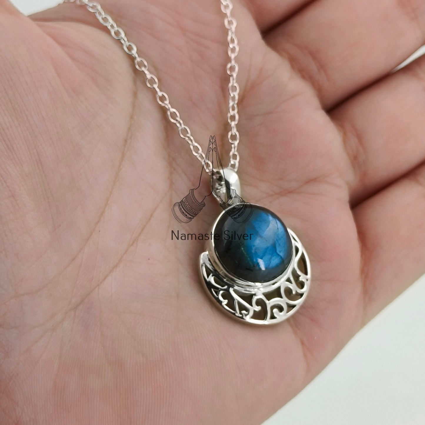 Labradorite Necklace, 925 Sterling Silver Handmade Necklace, Natural Labradorite Round Gemstone Pendant Jewelry, Gift for Her,