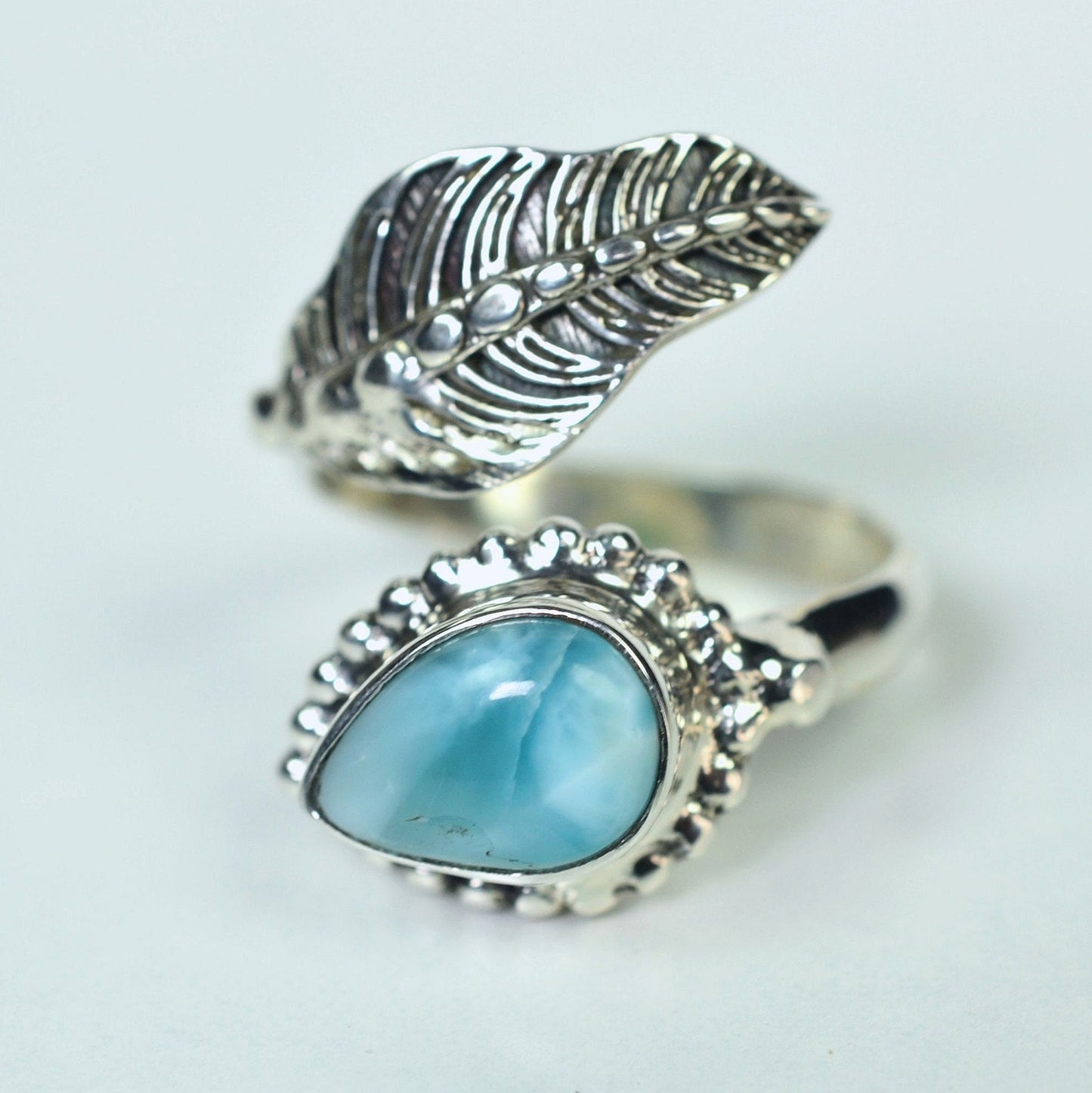 Larimar Ring, 925 Sterling Silver Adjustable Leaf Promise Ring, Natural Larimar Pear Shape Gemstone Jewelry, Gift for Her Birthday