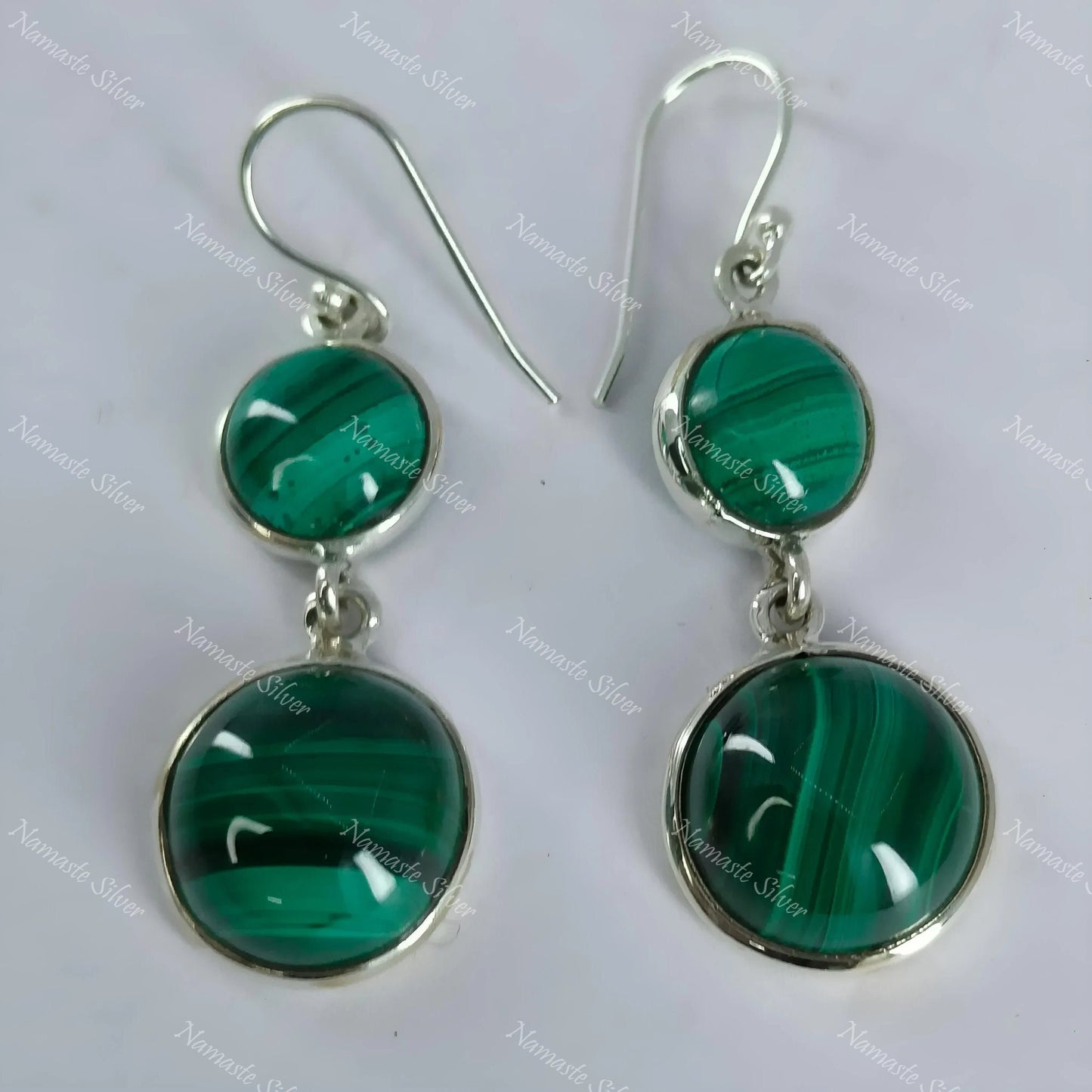 Malachite Earrings, 925 Sterling Silver Dangle Drop Earrings, Natural Green Malachite Round Gemstone Boho Jewelry, Birthstone Gift for Her