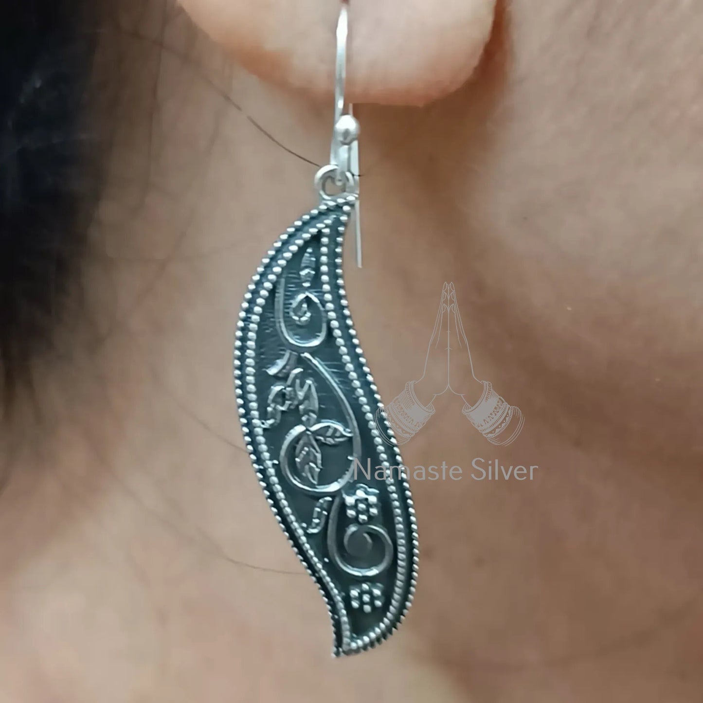 Floral Paisley Earrings, 925 Sterling Silver Dangle Drop Earrings, Paisley Leaf Oxidized Silver Handmade Indian Jewelry, Unique Gift for Her