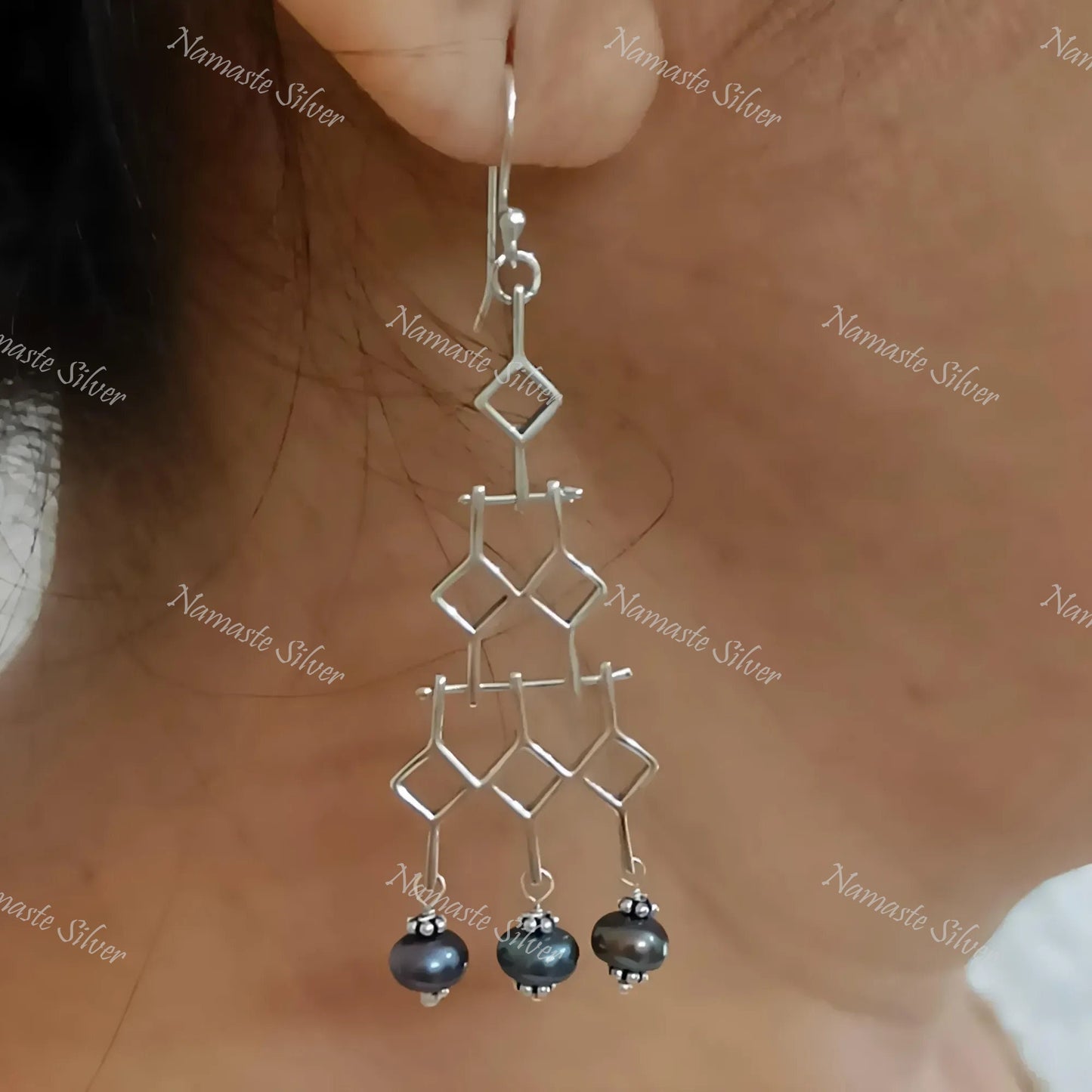 Grey Pearl Earrings, 925 Sterling Silver Dangle Earrings, Freshwater Pearls Geometric Design Handmade Jewelry, June Birthstone, Gift for Her