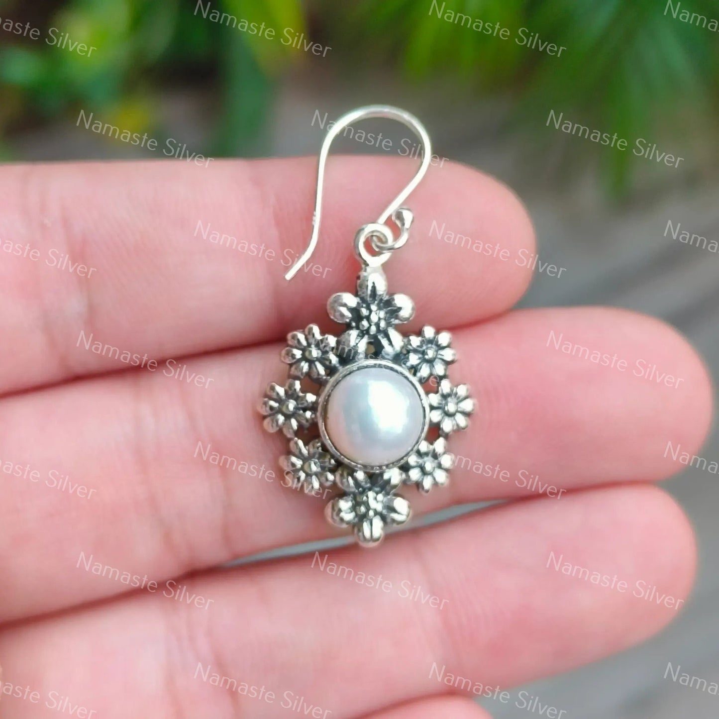 Pearl Earrings, 925 Sterling Silver Flower Dangle Earrings, Freshwater Pearl Handmade Floral Jewelry, June Birthstone, Gift For Her Birthday