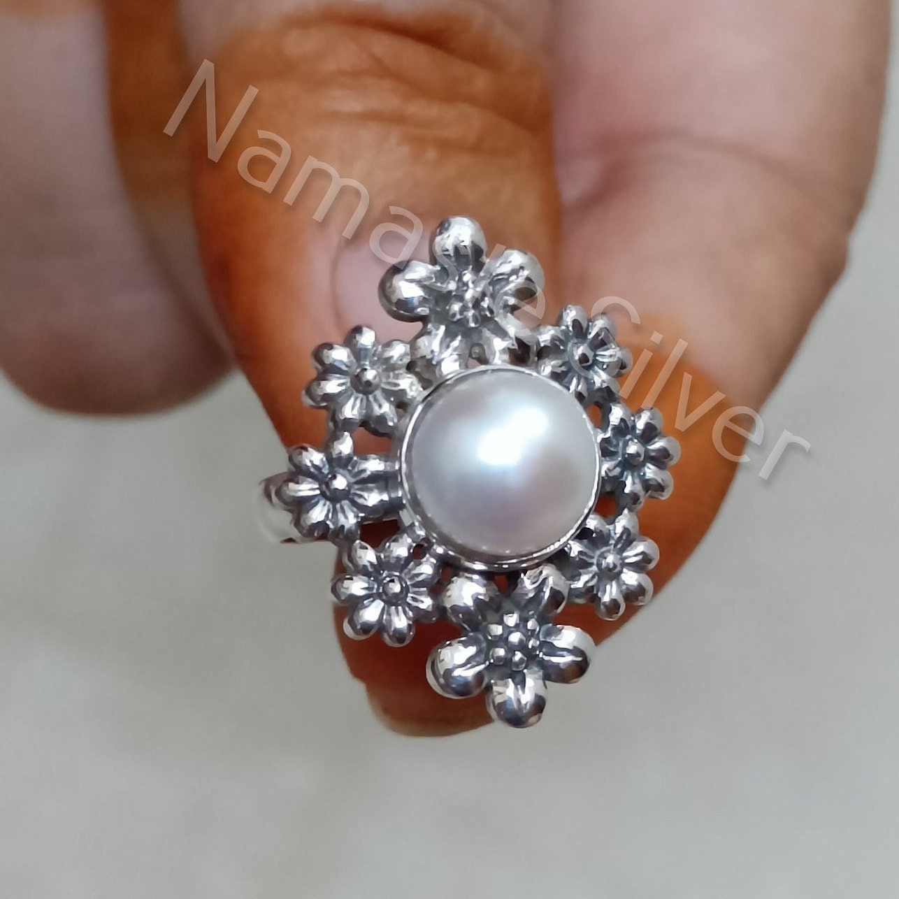 Pearl Ring, 925 Sterling Silver Ring Statement Promise Ring, Freshwater Pearl Floral Handmade Jewelry, June Birthstone, Unique Gift for Her