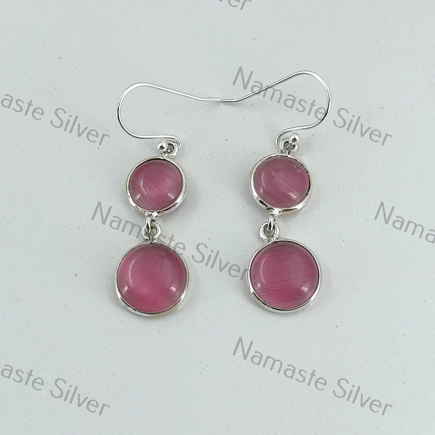 Monalisa Earrings, 925 Sterling Silver Dangle Drop Earrings, Pink Monalisa Round Gemstone Handmade Boho Jewelry, Gift for Her Birthday