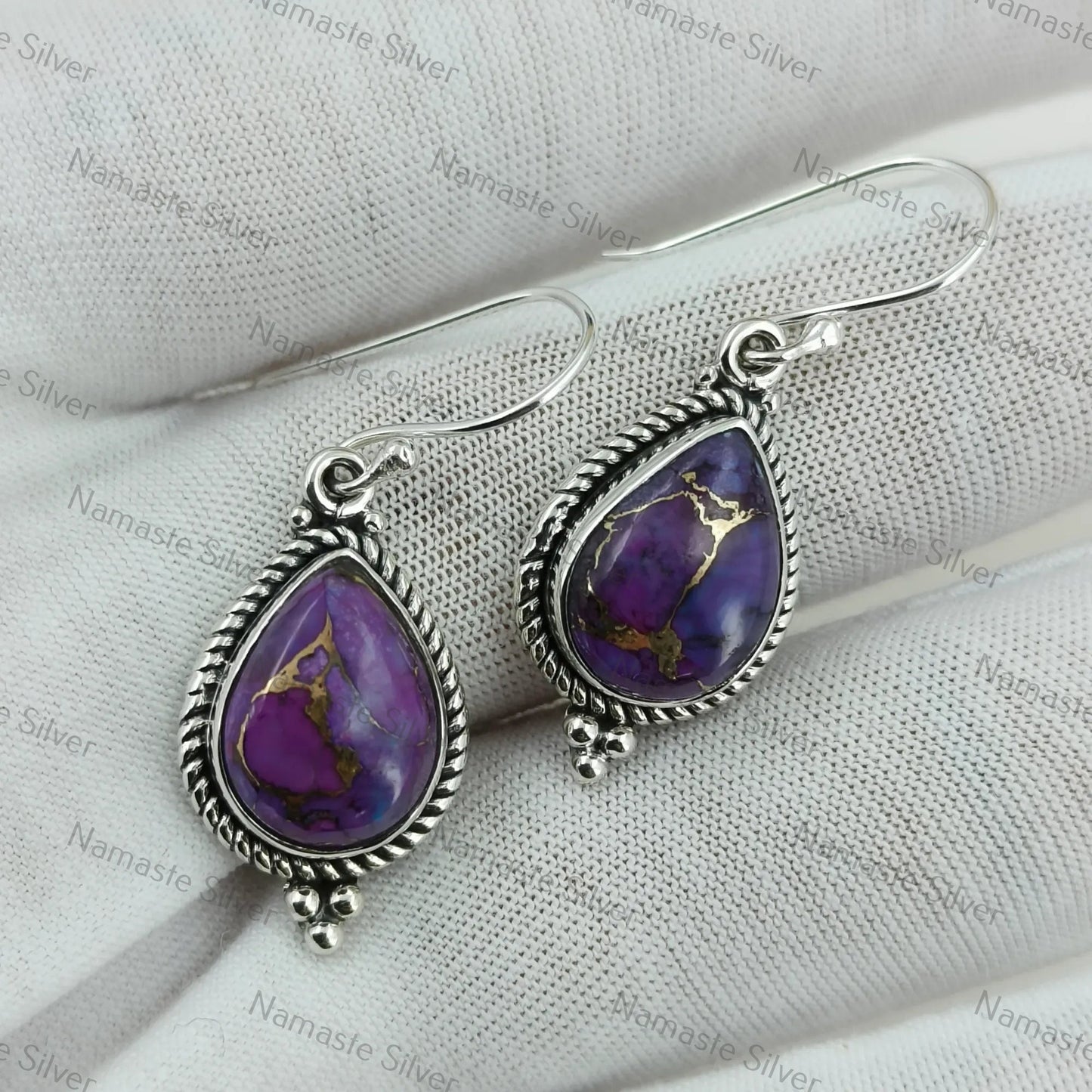 Purple Copper Turquoise Earrings, 925 Sterling Silver Dangle Earrings, Handmade Teardrop Jewelry, December Birthstone Gift for Her Birthday