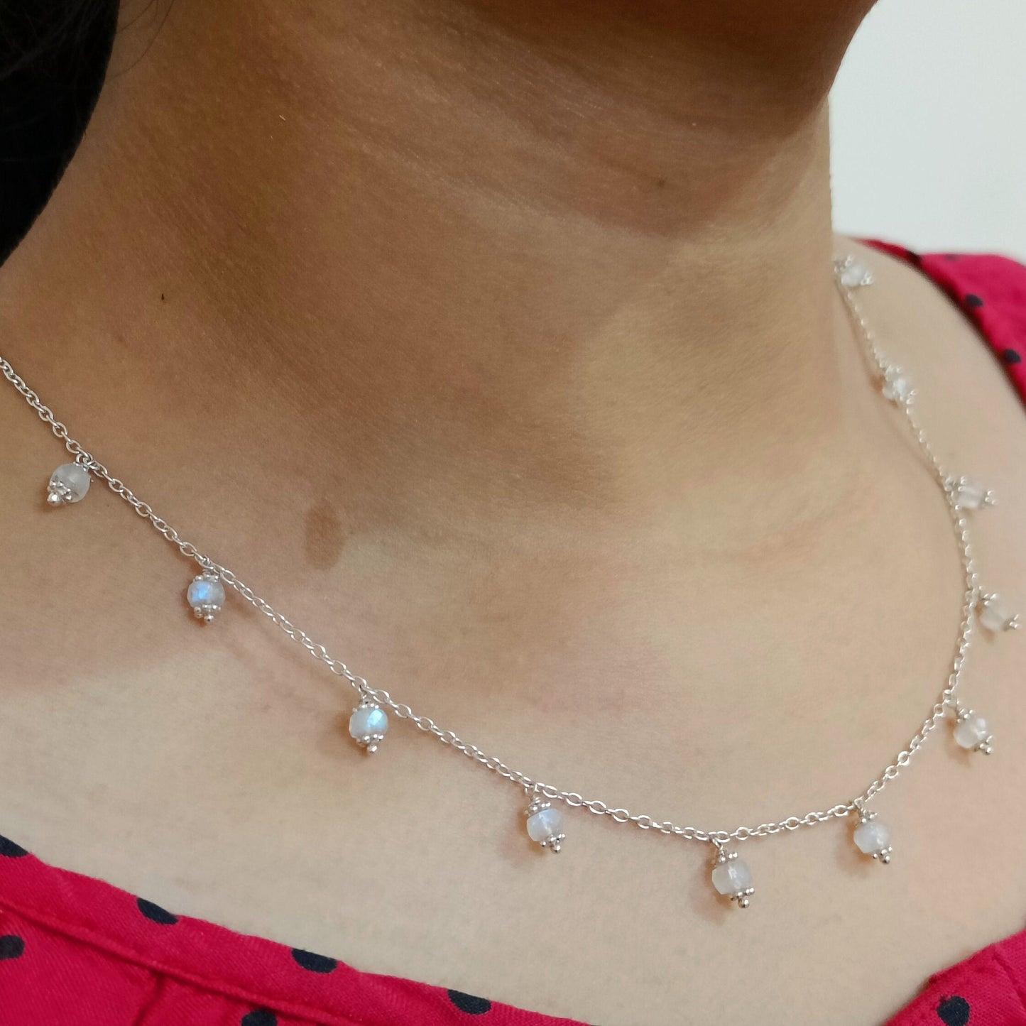 Rainbow Moonstone Beads Silver Handmade Necklace Minimalist Gemstone Jewelry Gift for her Birthday Anniversary Engagement Wedding Valentines