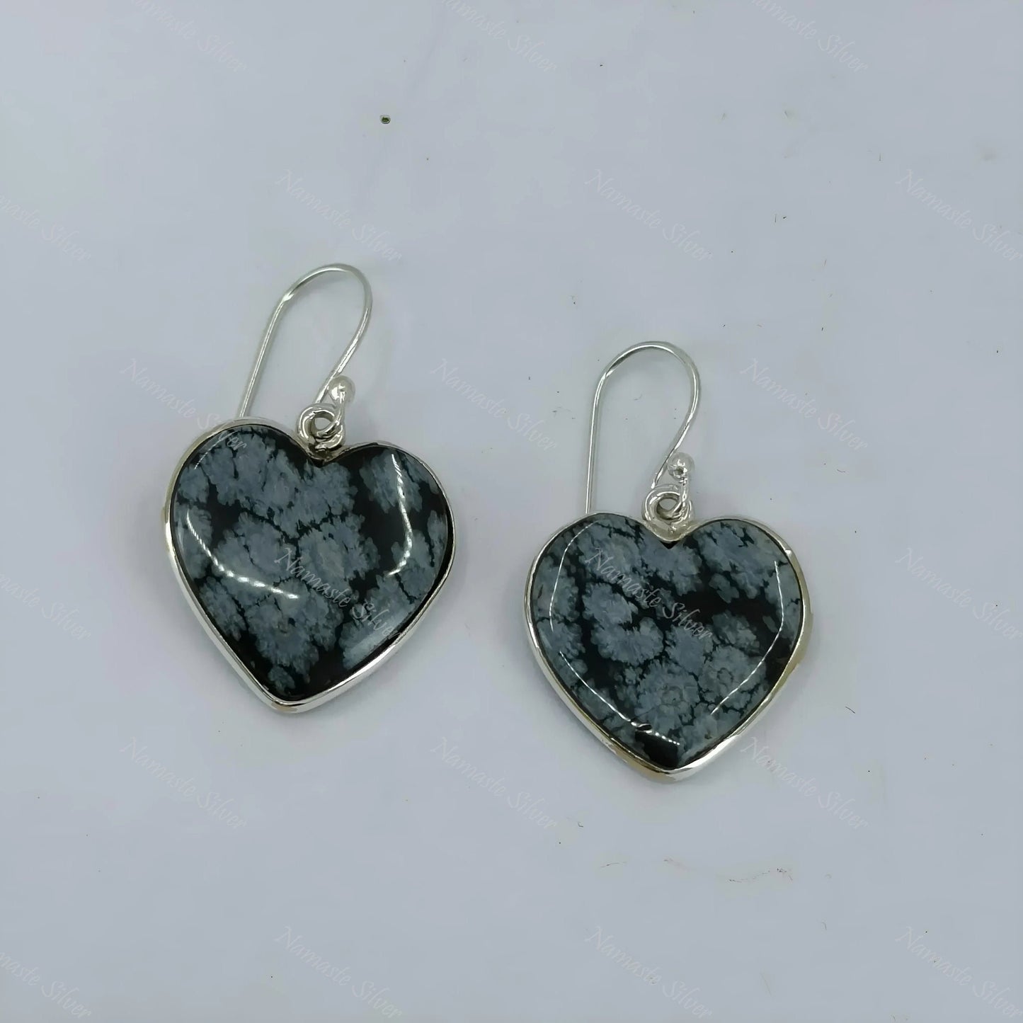 Snowflake Obsidian Earrings, 925 Sterling Silver Dangle Earrings, Natural Obsidian Gemstone Heart Shape Handmade Boho Jewelry, Gift For Her