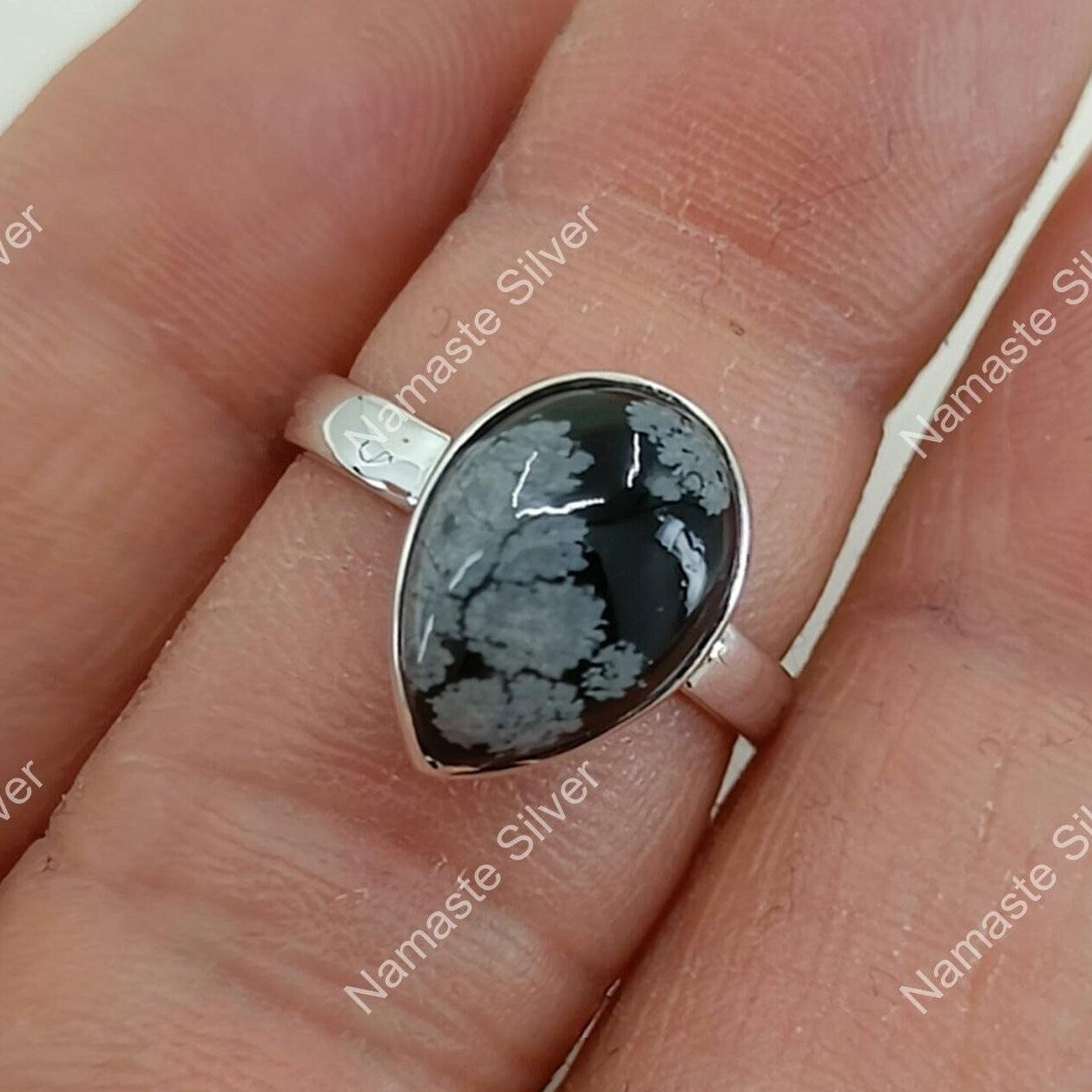 Snowflake Obsidian Ring, 925 Sterling Silver Promise Ring, Natural Black Gemstone Handmade Boho Jewelry, Gift For Her Birthday Anniversary