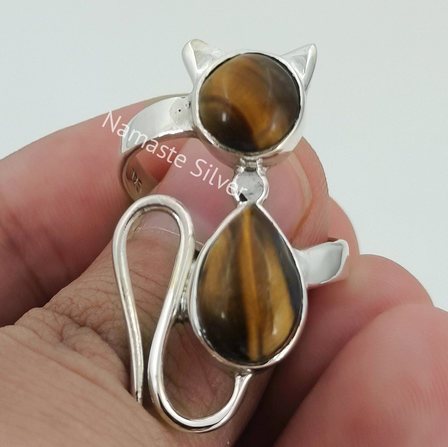 Tigers Eye Ring, 925 Sterling Silver Cat Ring, Natural Tiger's Eye Dual Gemstone Handmade Boho Kitty Jewelry, June Birthstone, Gift for her