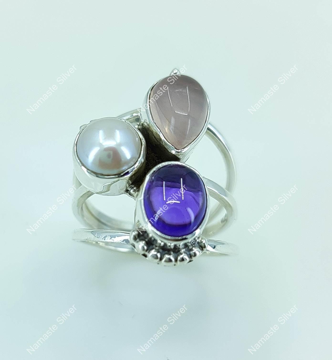 Triple Gemstone Ring, 925 Sterling Silver Promise Ring, Natural Amethyst, Rose Quartz, Pearl Handmade Boho Jewelry, Birthstone Gift For Her
