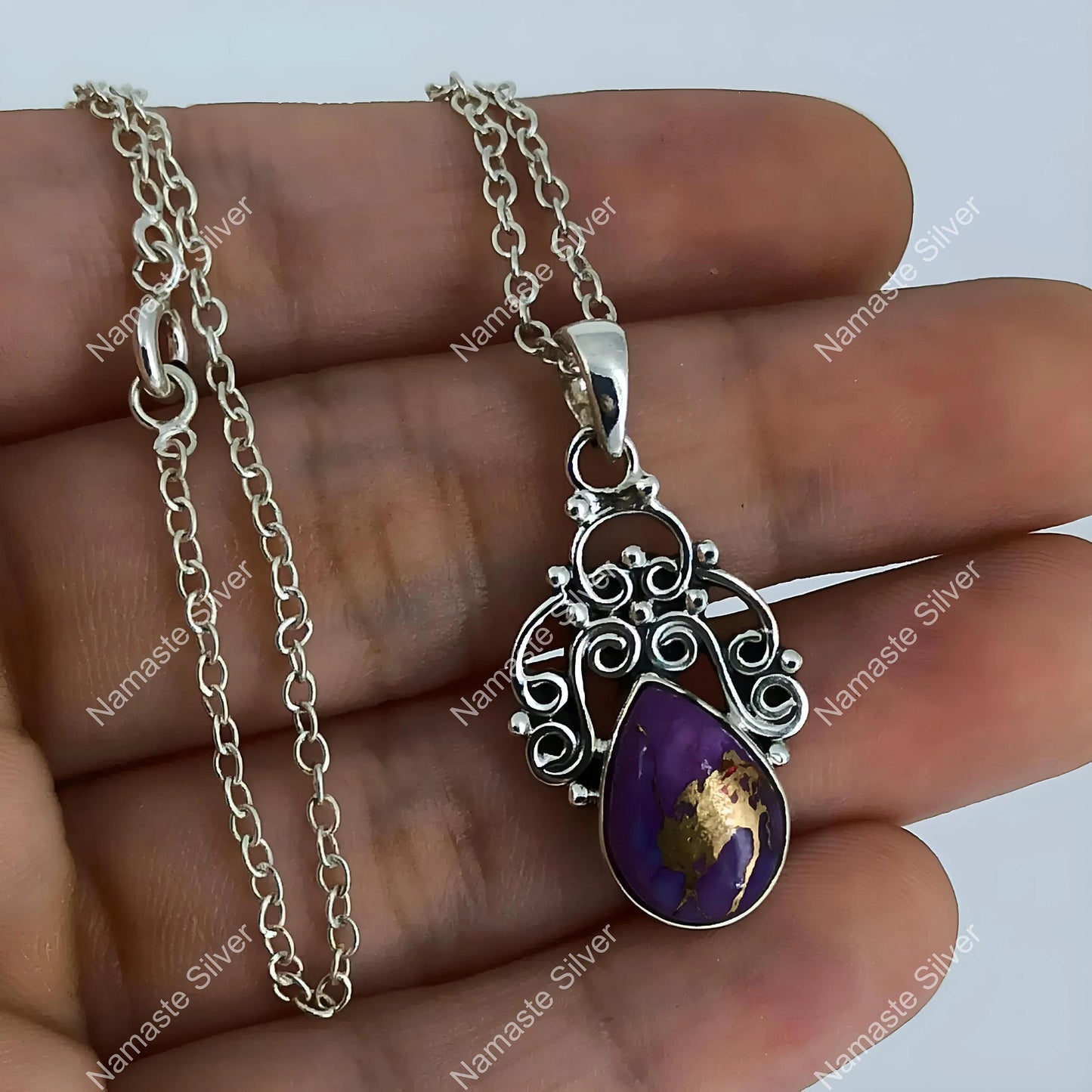 Turquoise Necklace, 925 Sterling Silver Handmade Pendant Chain, Purple Copper Turquoise Jewelry, Pear Shape Locket, Gift for Her Birthday