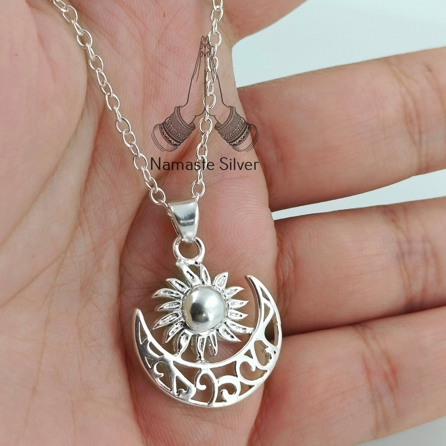 Sun Moon Necklace, 925 Sterling Silver Handmade Pendant Jewelry, Celestial Jewelry, Sun Moon Locket with Chain, Gift for her Birthday