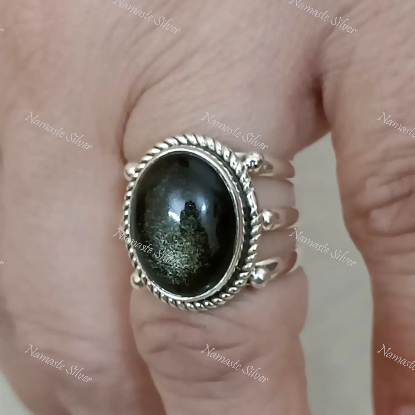 Gold Sheen Obsidian Ring, 925 Sterling Silver Statement Promise Ring, Natural Black Gold Sheen Obsidian Oval Gemstone Handmade Jewelry Gift