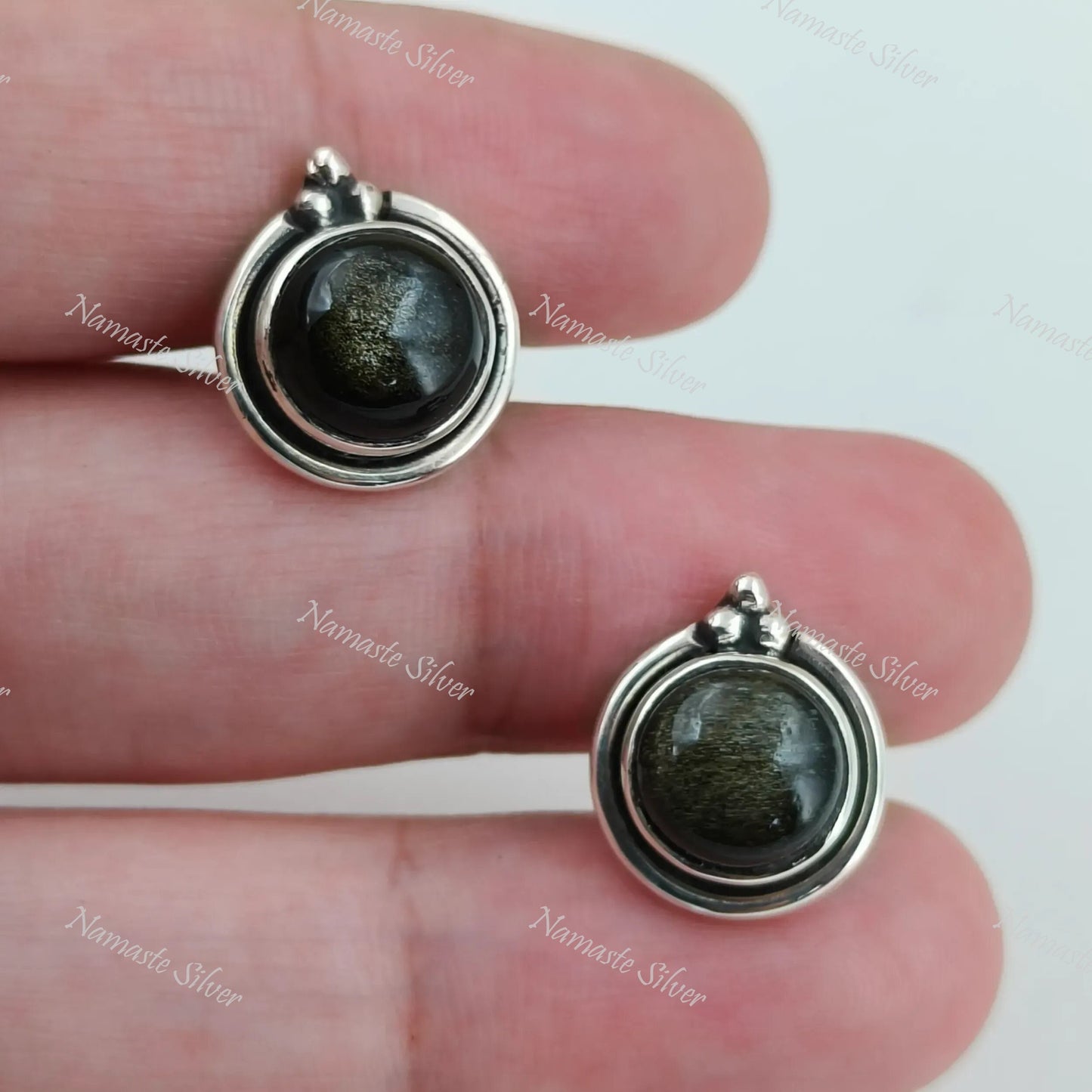 Gold Sheen Obsidian Stud Earrings, 925 Sterling Silver Stud Posts, Natural Obsidian Round Gemstone Handmade Jewelry, Birthstone Gift for Her