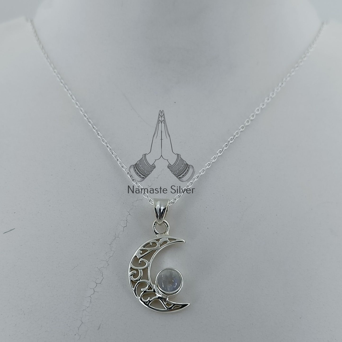 Moonstone Necklace, 925 Sterling Silver Crescent Moon Pendant, Natural Rainbow Moonstone Round Gemstone Handmade Boho Jewelry, Gift for Her