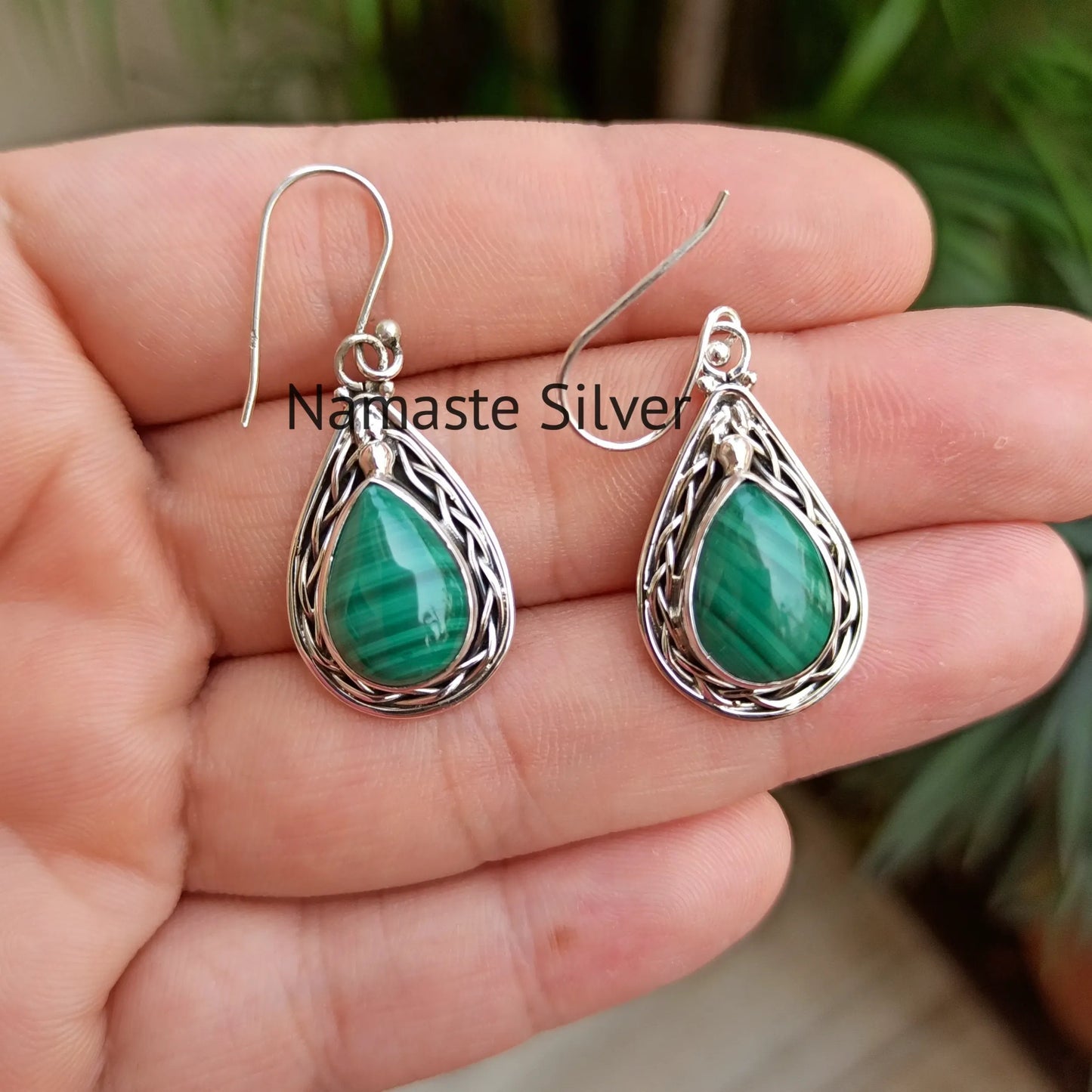 Malachite Earrings, 925 Sterling Silver Dangle Earrings, Gift for Her, Natural Malachite Pear Shape Gemstone Boho Jewelry, April Birthstone