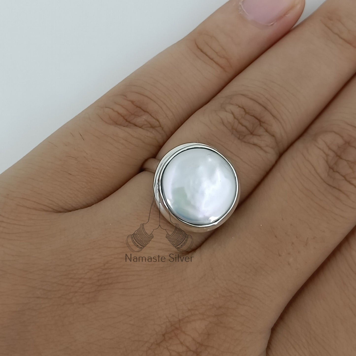 Coin Pearl Ring, 925 Sterling Silver Statement Promise Ring, Freshwater Coin Pearl Handmade Boho Jewelry, June Birthstone, Gift for her