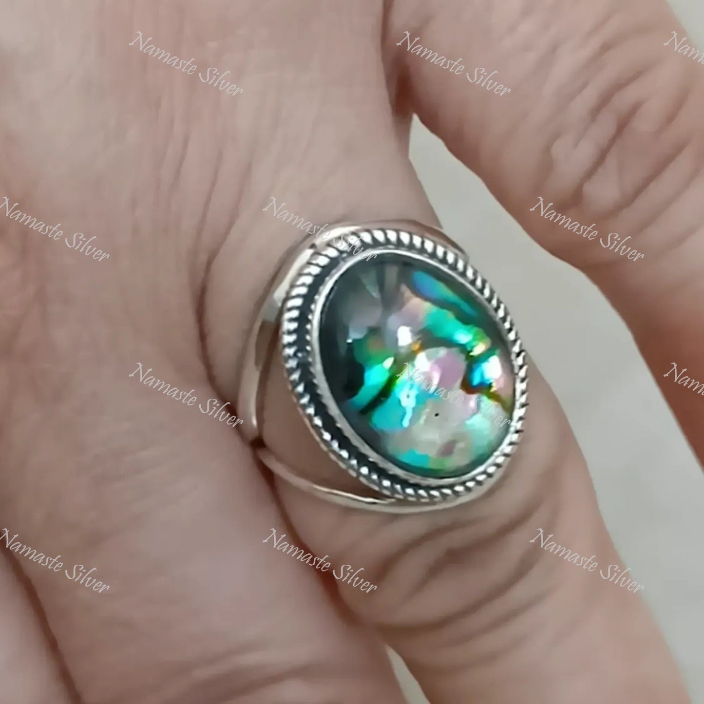 Abalone Shell Ring, 925 Sterling Silver Statement Promise Ring, Natural Blue Paua Seashell Doublet Oval Handmade Jewelry, Cute Gift for Her