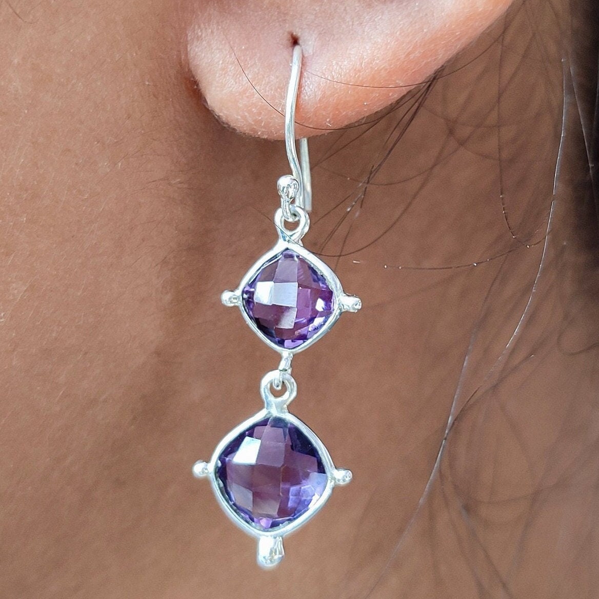 Amethyst Earrings, 925 Sterling Silver Dangle Earrings, Natural Purple Gemstone Cushion Handmade Jewelry, February Birthstone, Gift for Her