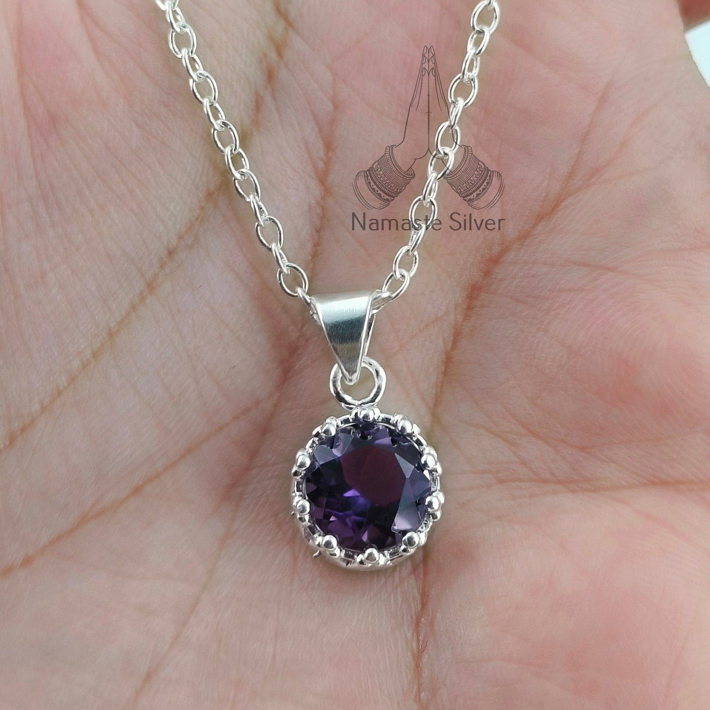 Amethyst Necklace, 925 Sterling Silver Handmade Locket Chain, Natural Purple Round Gemstone Boho Jewelry, February Birthstone, Gift for her