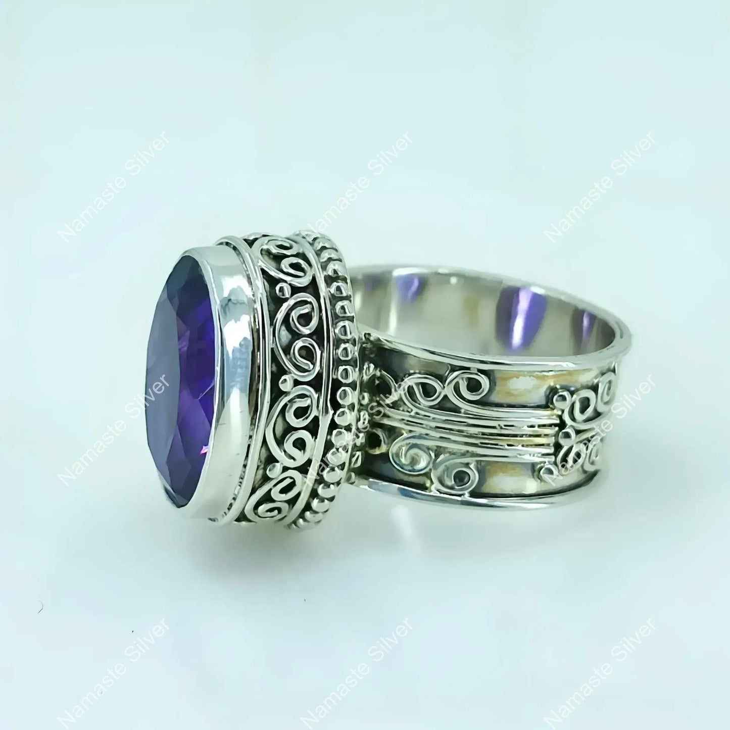 Amethyst Ring, 925 Sterling Silver Cocktail Ring for Women, Natural Purple Gemstone Oval Boho Handmade Jewelry, February Birthstone Gift