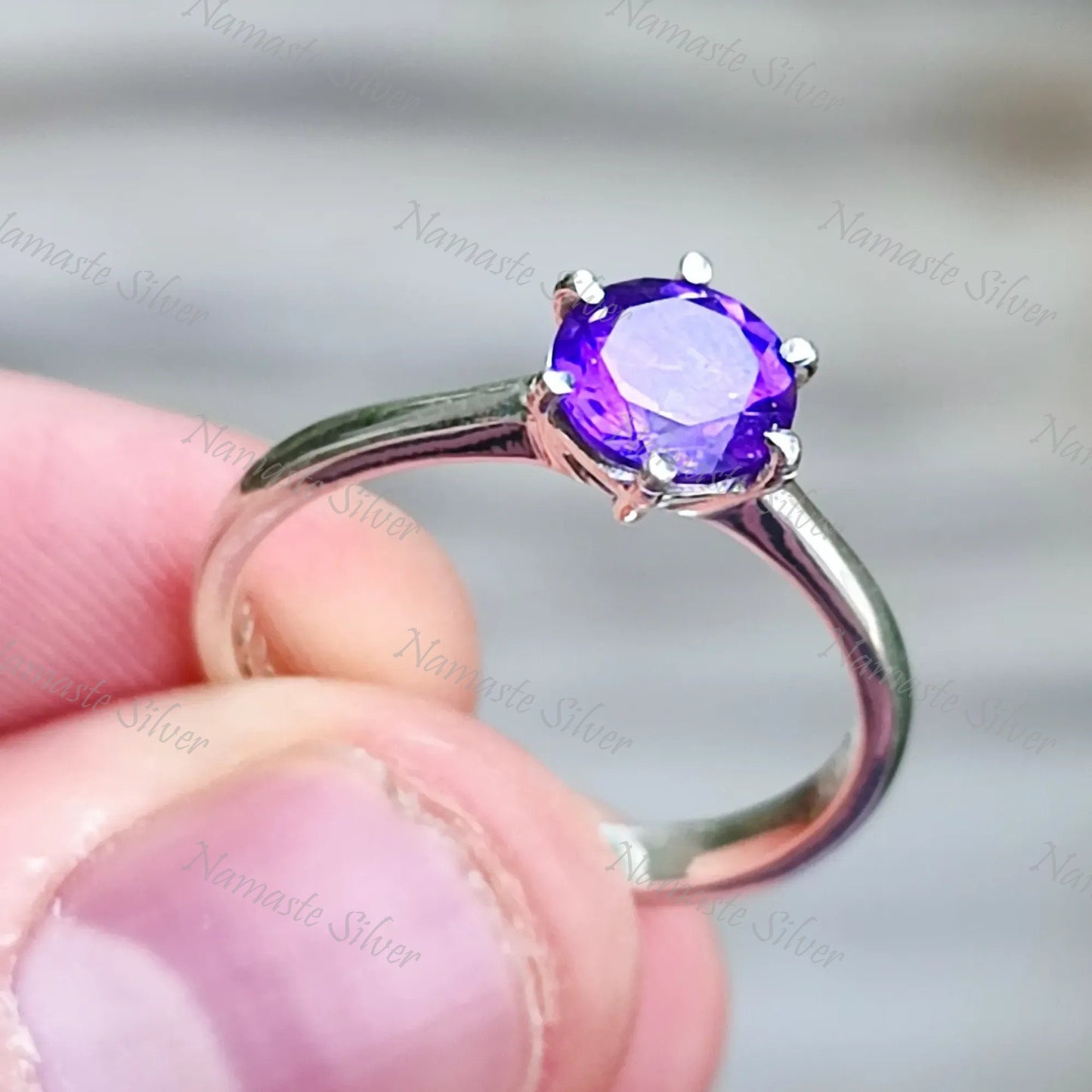 Amethyst Ring, 925 Sterling Silver Solitaire Promise Ring, Natural Purple Gemstone Round Handmade Jewelry, February Birthstone, Gift for Her